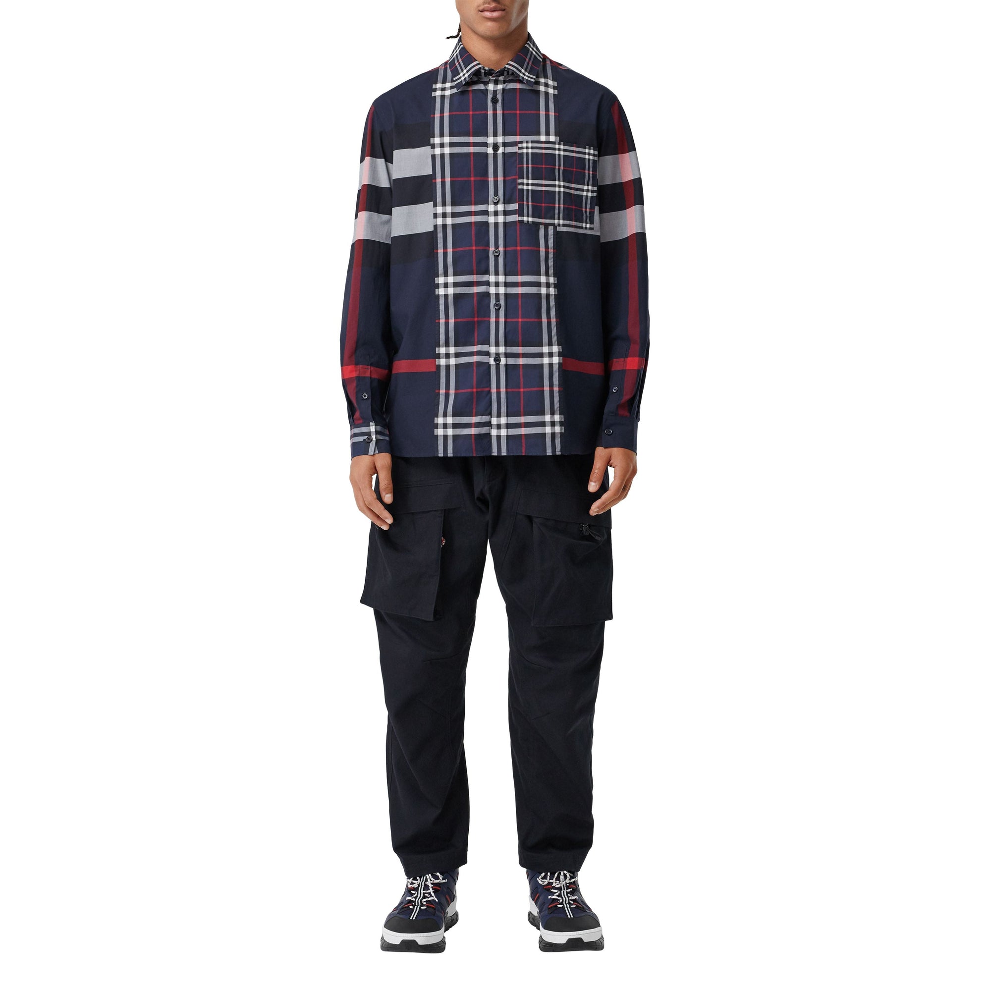 Chemise en popeline de coton stretch check façon patchwork - Navy