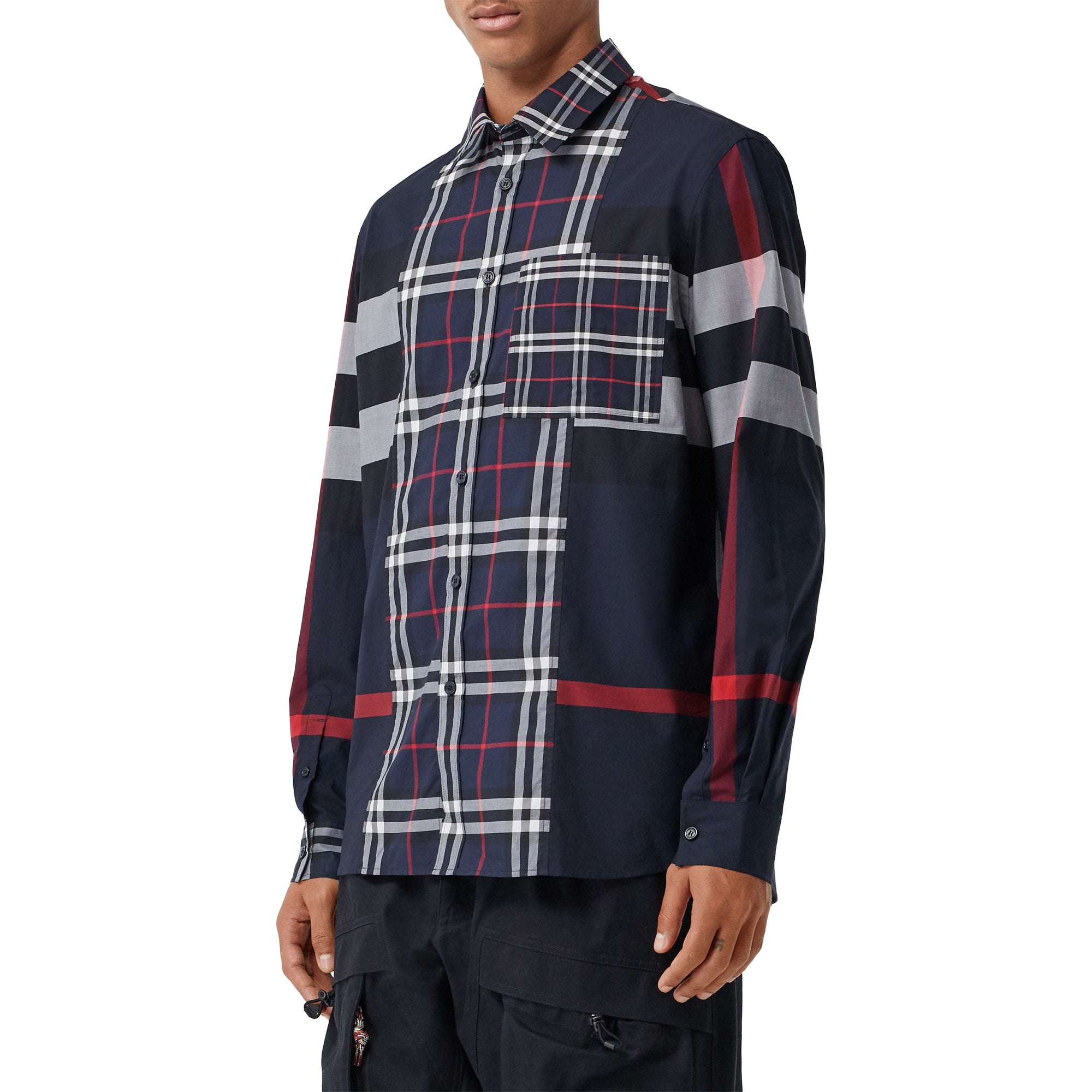 Chemise en popeline de coton stretch check façon patchwork - Navy