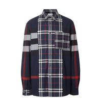 Chemise en popeline de coton stretch check façon patchwork - Navy