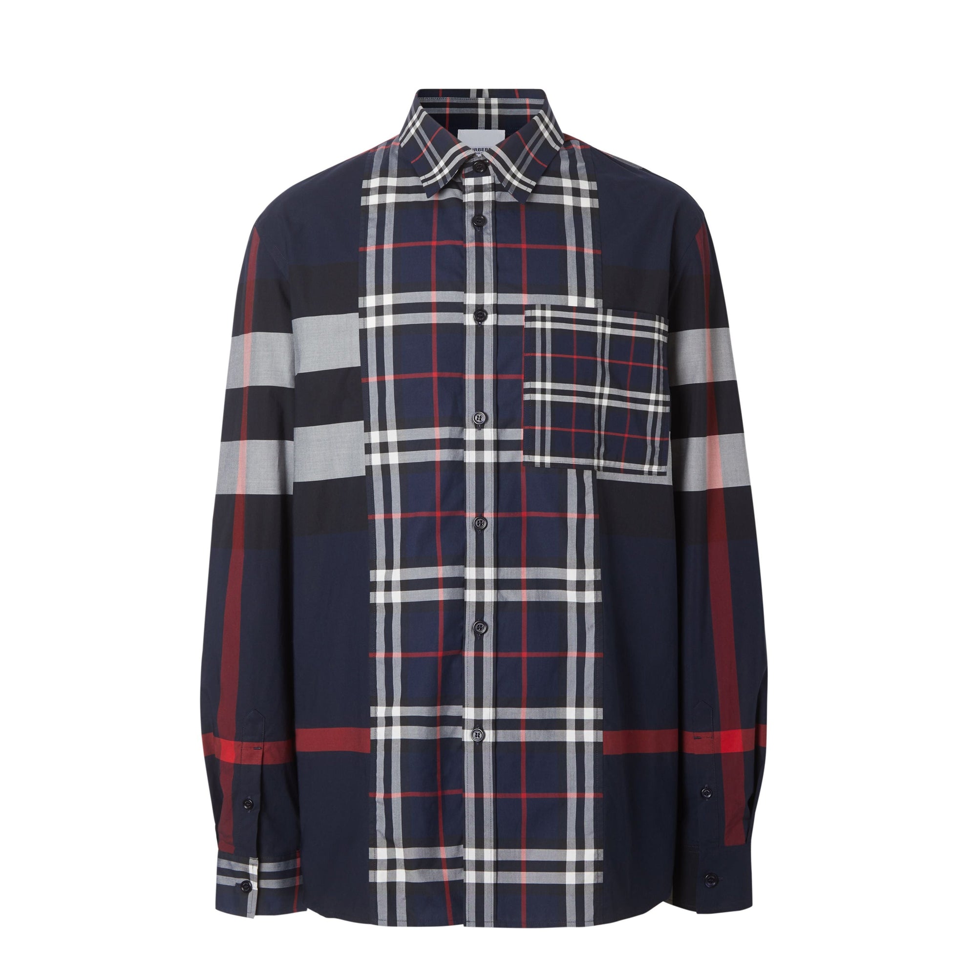 Chemise en popeline de coton stretch check façon patchwork - Navy