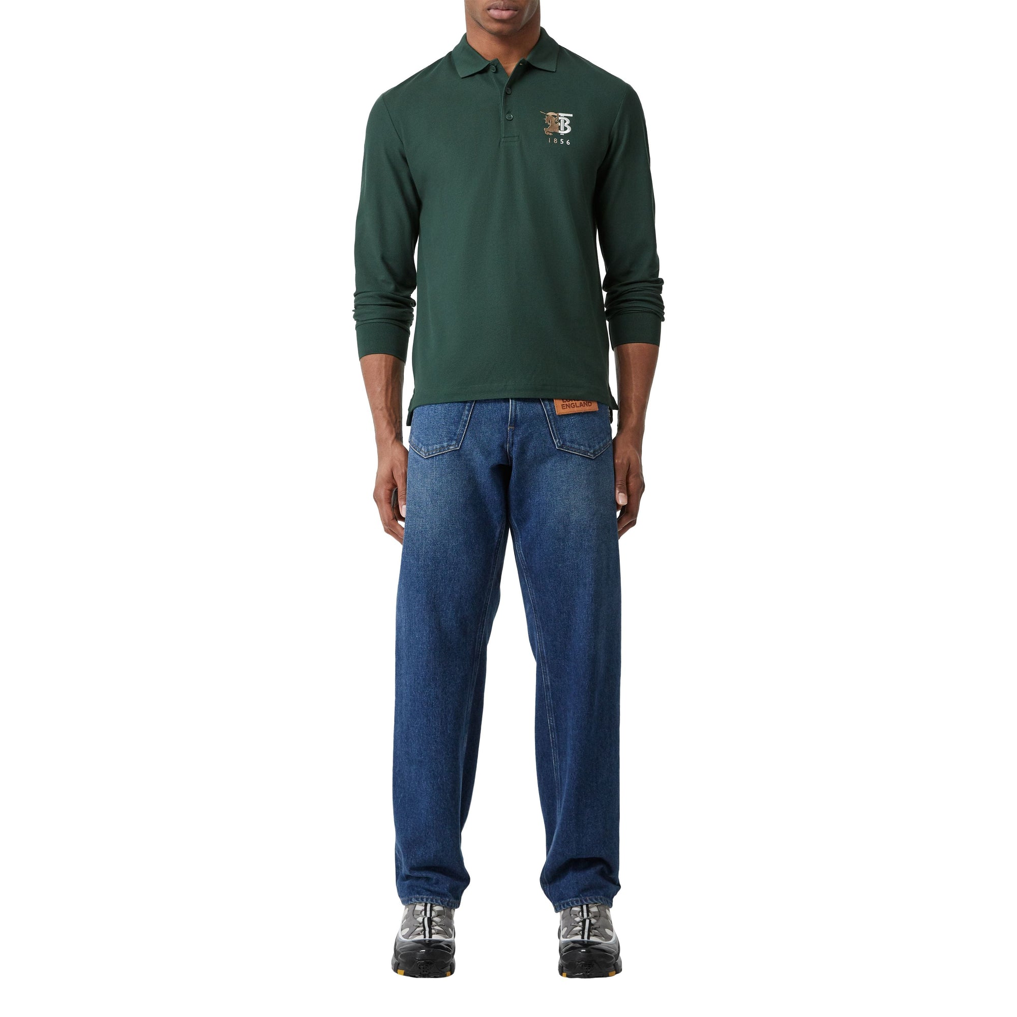 Polo à manches longues en coton avec logo bicolore - Dark Pine Green