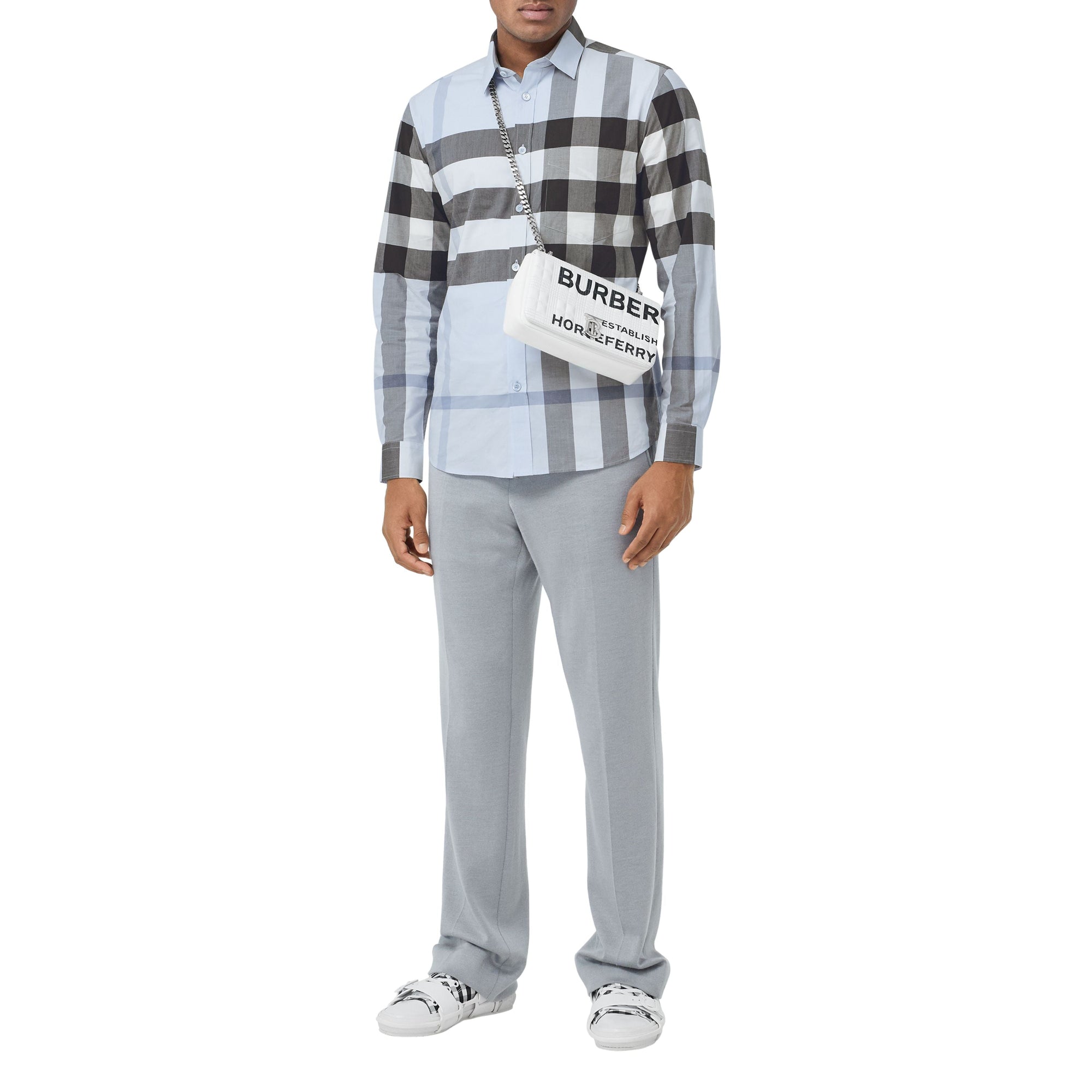 Chemise en popeline de coton stretch check - Chalk Blue