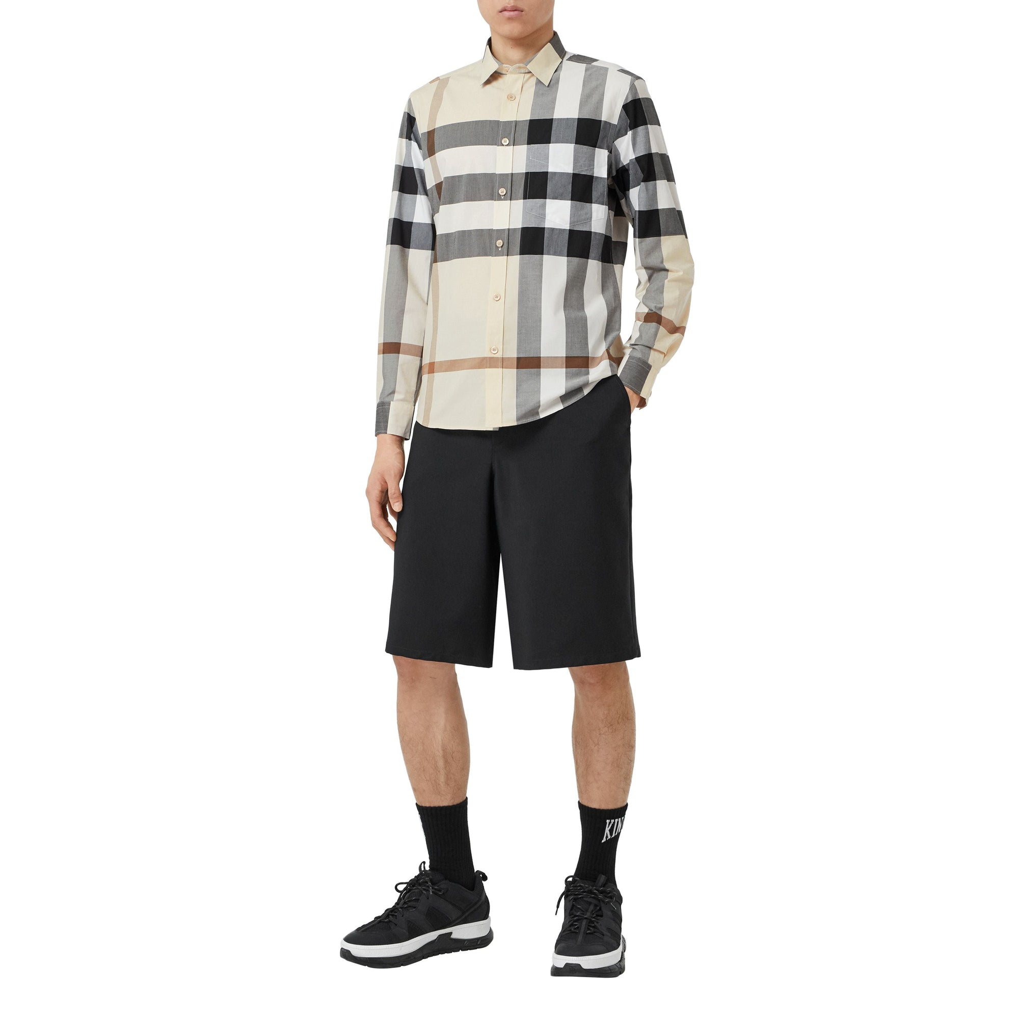 Chemise en popeline de coton stretch check - Modern Beige