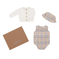Coffret cadeau trois pièces pour bébé en coton Vintage check - Pale Stone