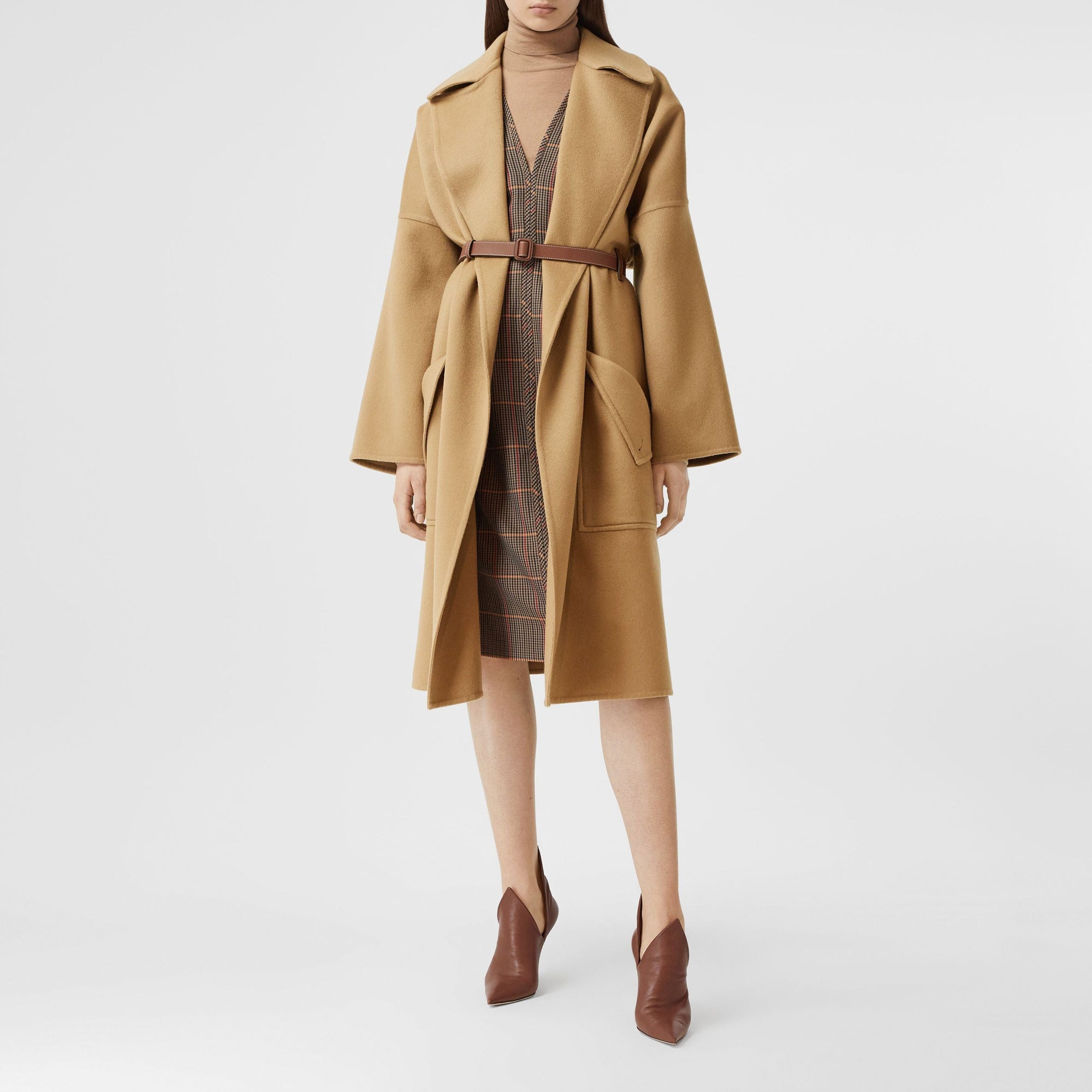 Manteau portefeuille en cachemire double face avec poches - Camel