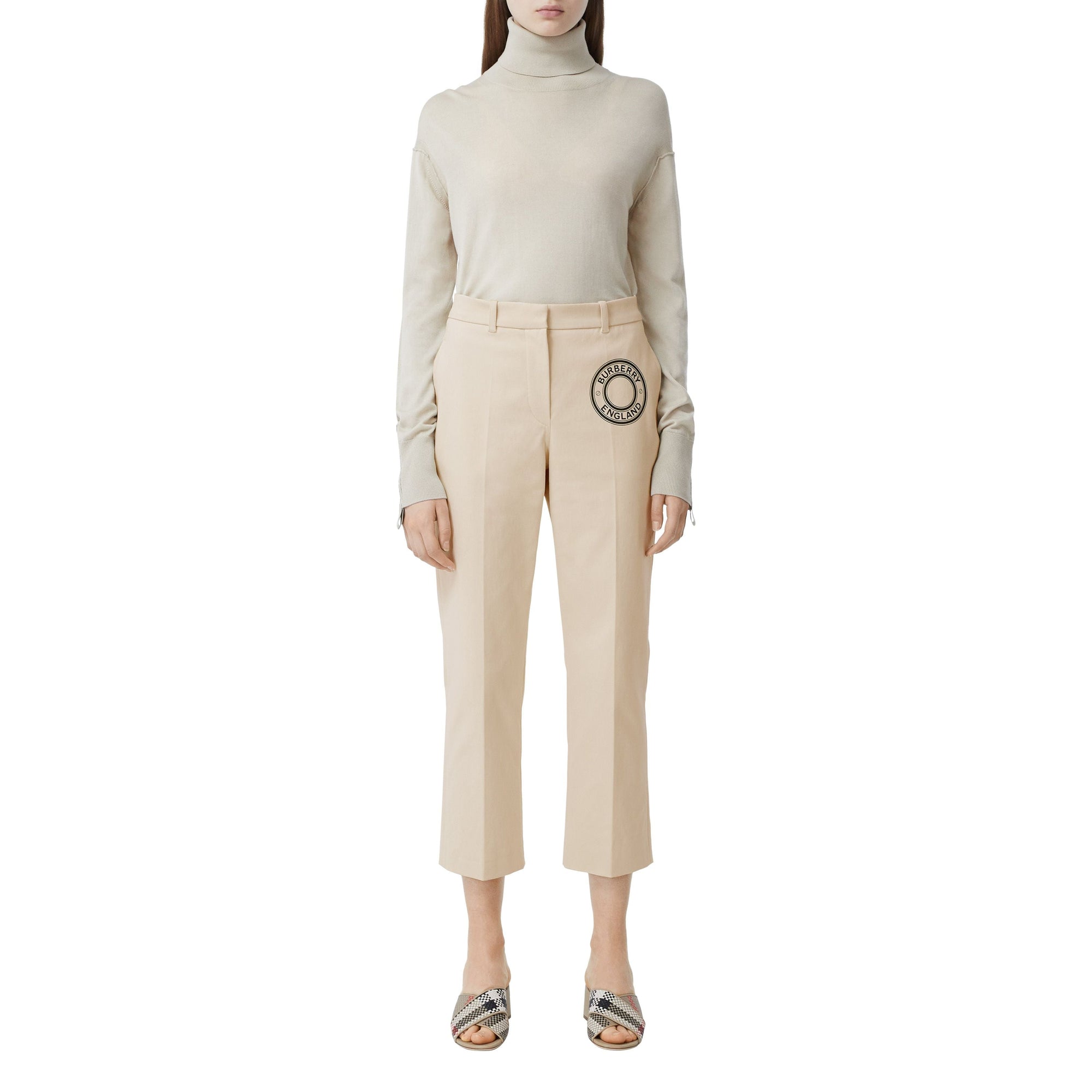 Pantalon tailleur en toile de coton stretch avec logo - Pale Cream