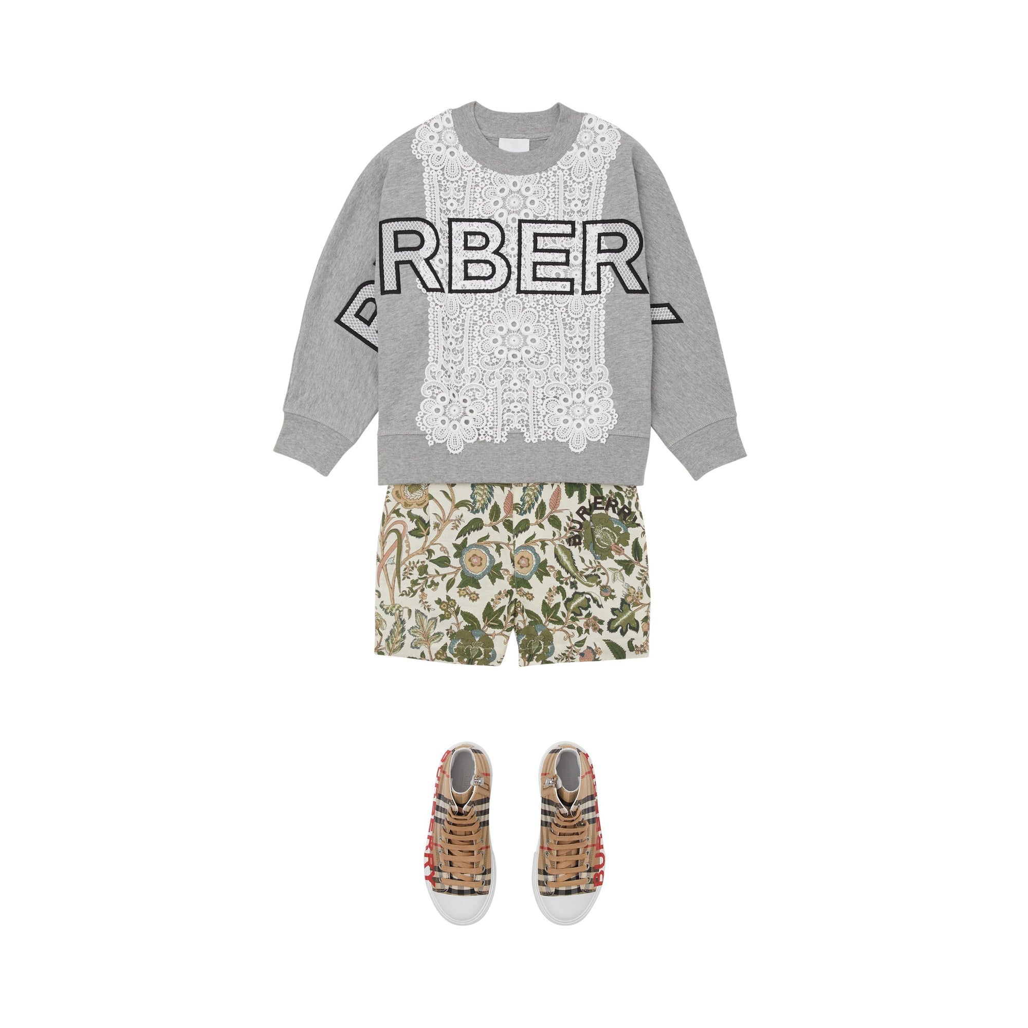 Sweat-shirt en coton avec panneau en dentelle et logo brodé - Grey Melange