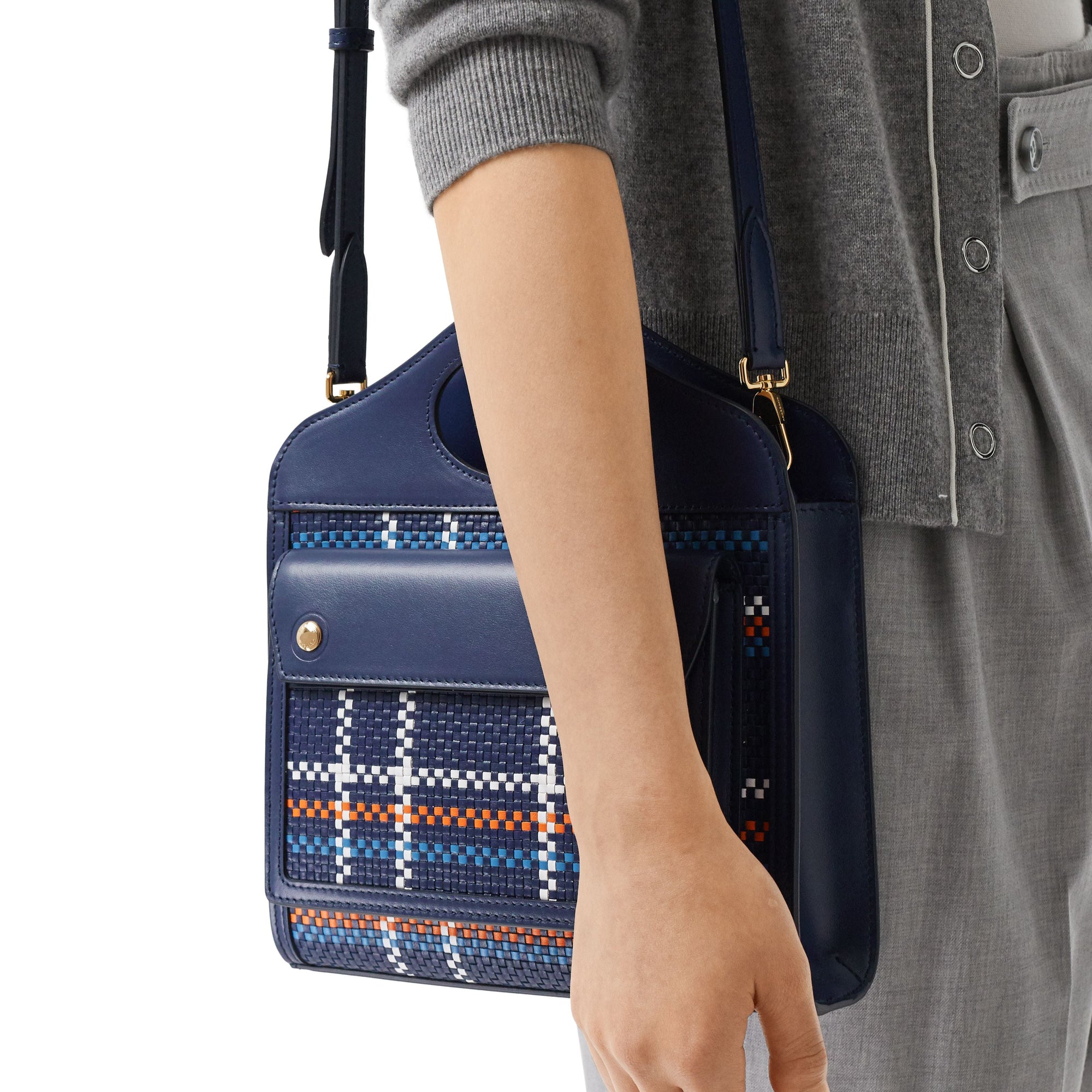 Mini sac Pocket en cuir tressé - Blue & White & Orange