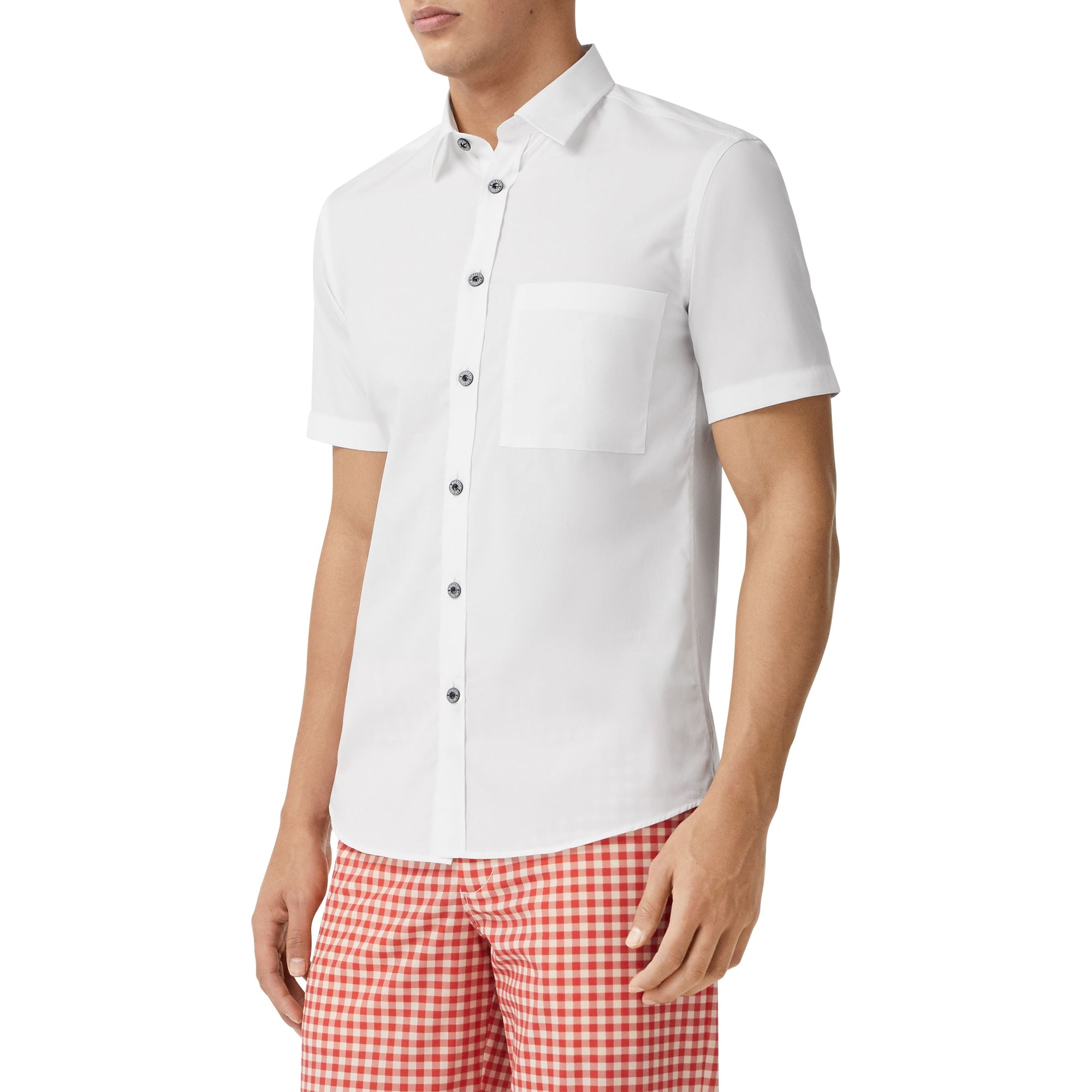 Chemise slim à manches courtes en popeline de coton stretch - White