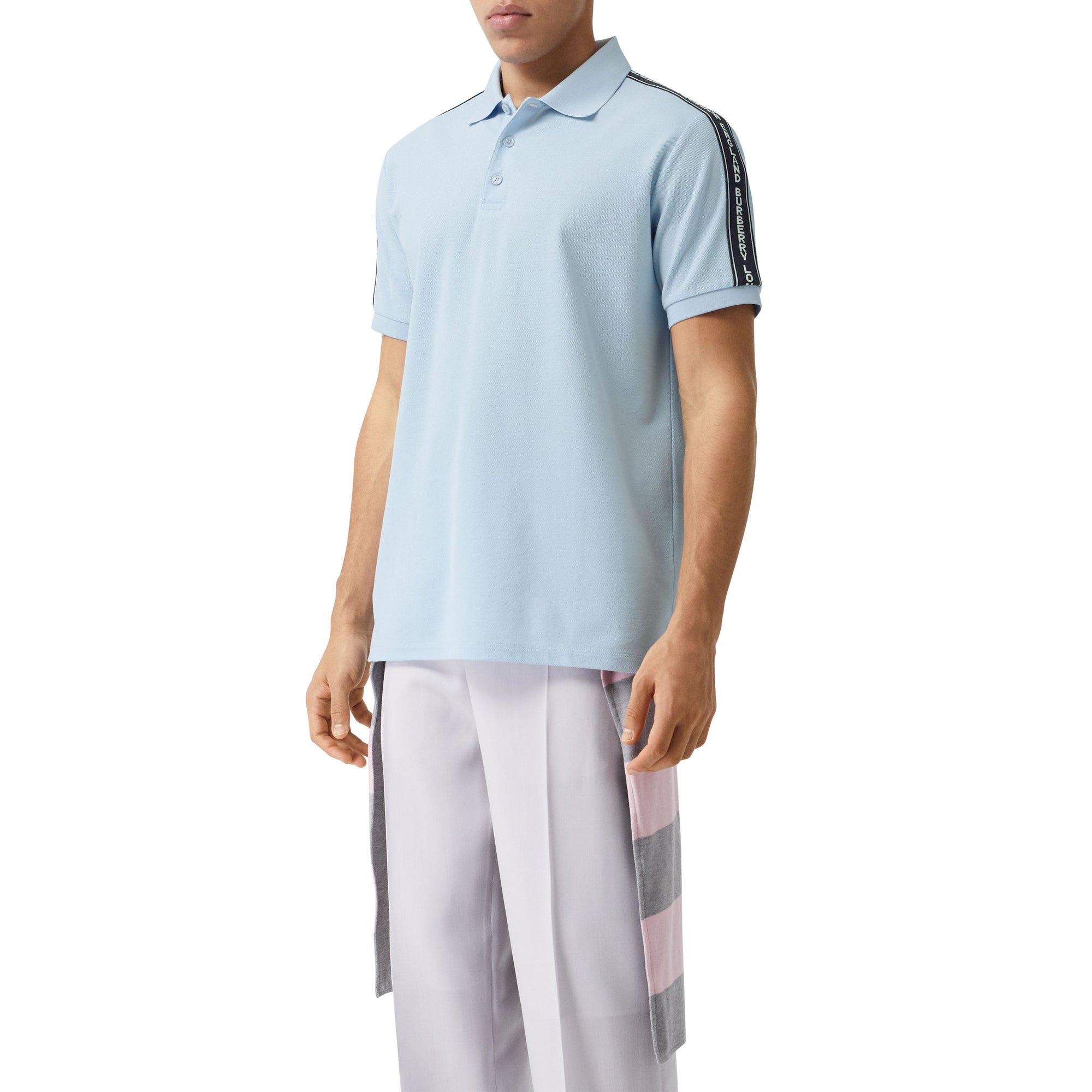Polo en piqué en coton avec bandes à logo - Pale Blue