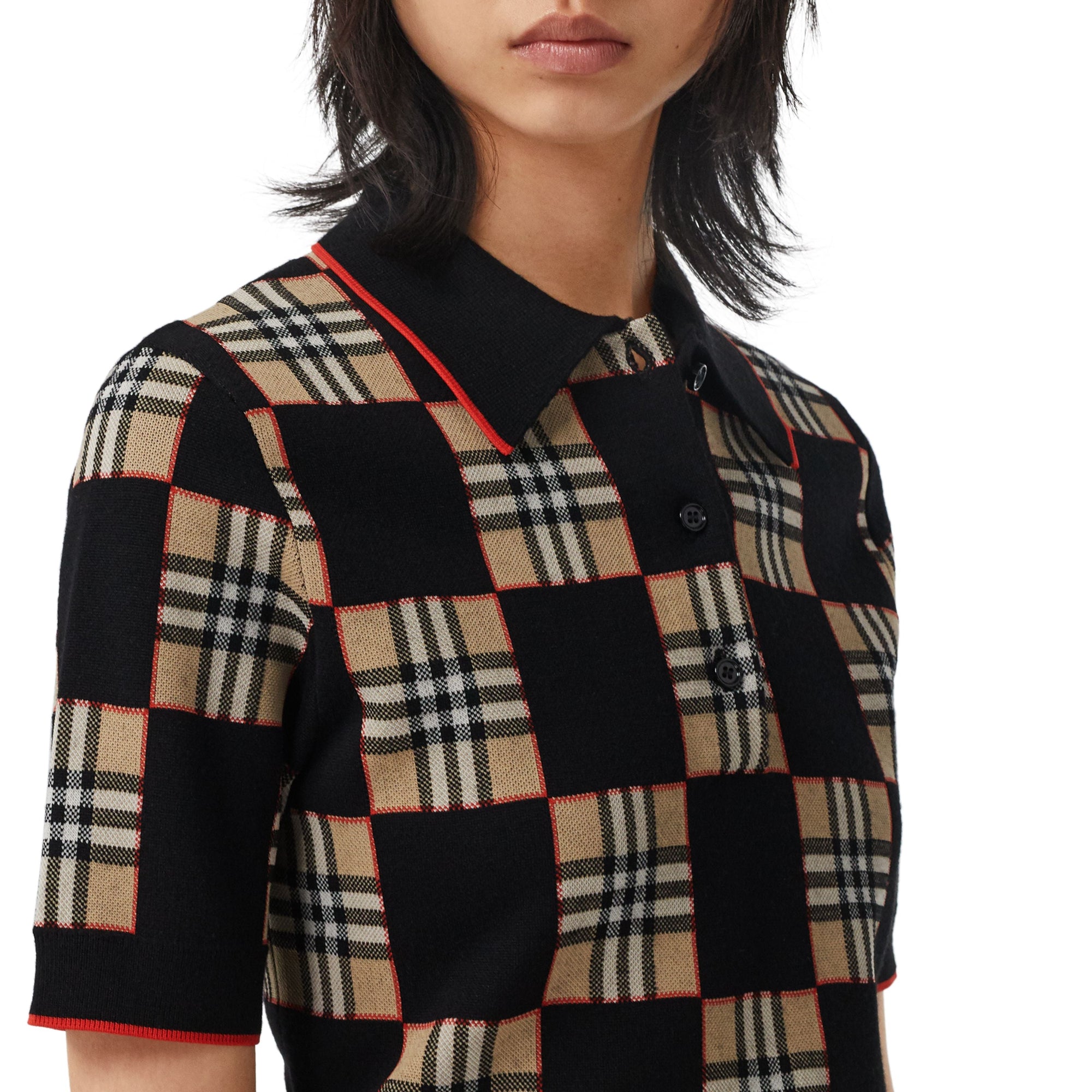 Polo en jacquard de laine mérinos mélangée à damier - Black & Archve Beige