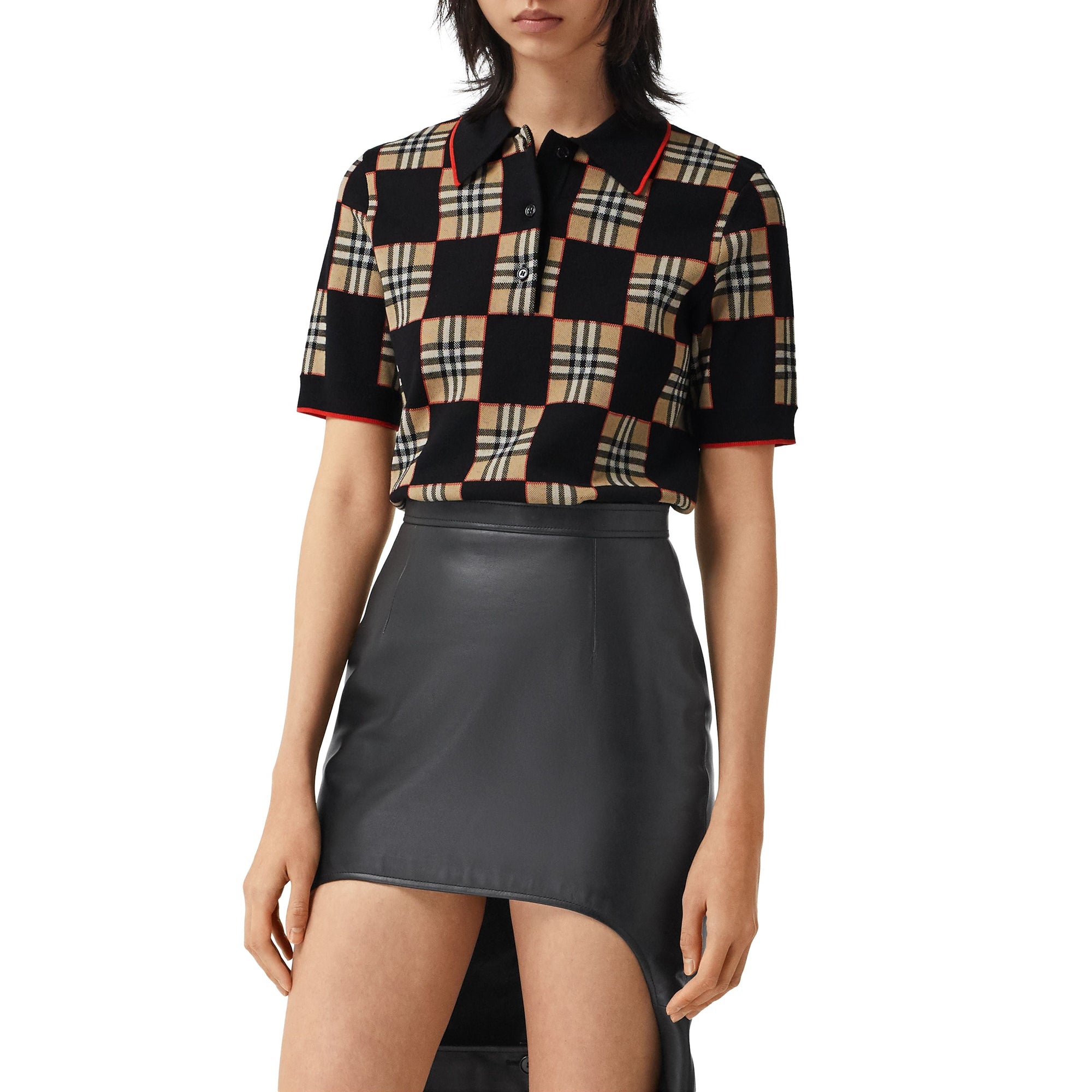 Polo en jacquard de laine mérinos mélangée à damier - Black & Archve Beige