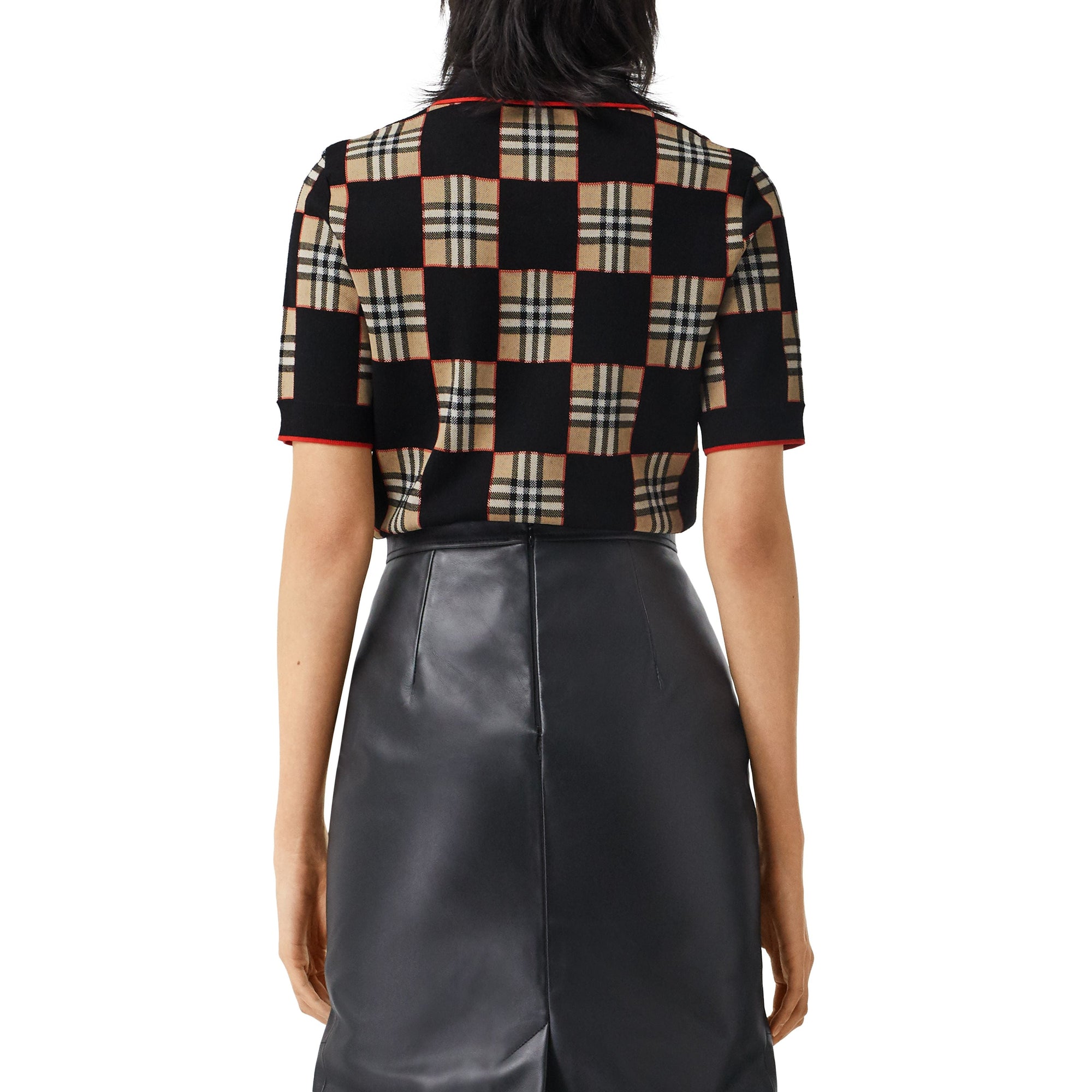 Polo en jacquard de laine mérinos mélangée à damier - Black & Archve Beige