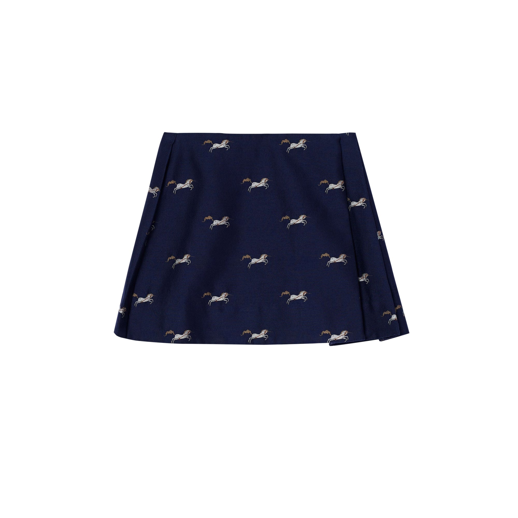 Jupe plissée en jacquard de laine et soie à motif licorne - Navy