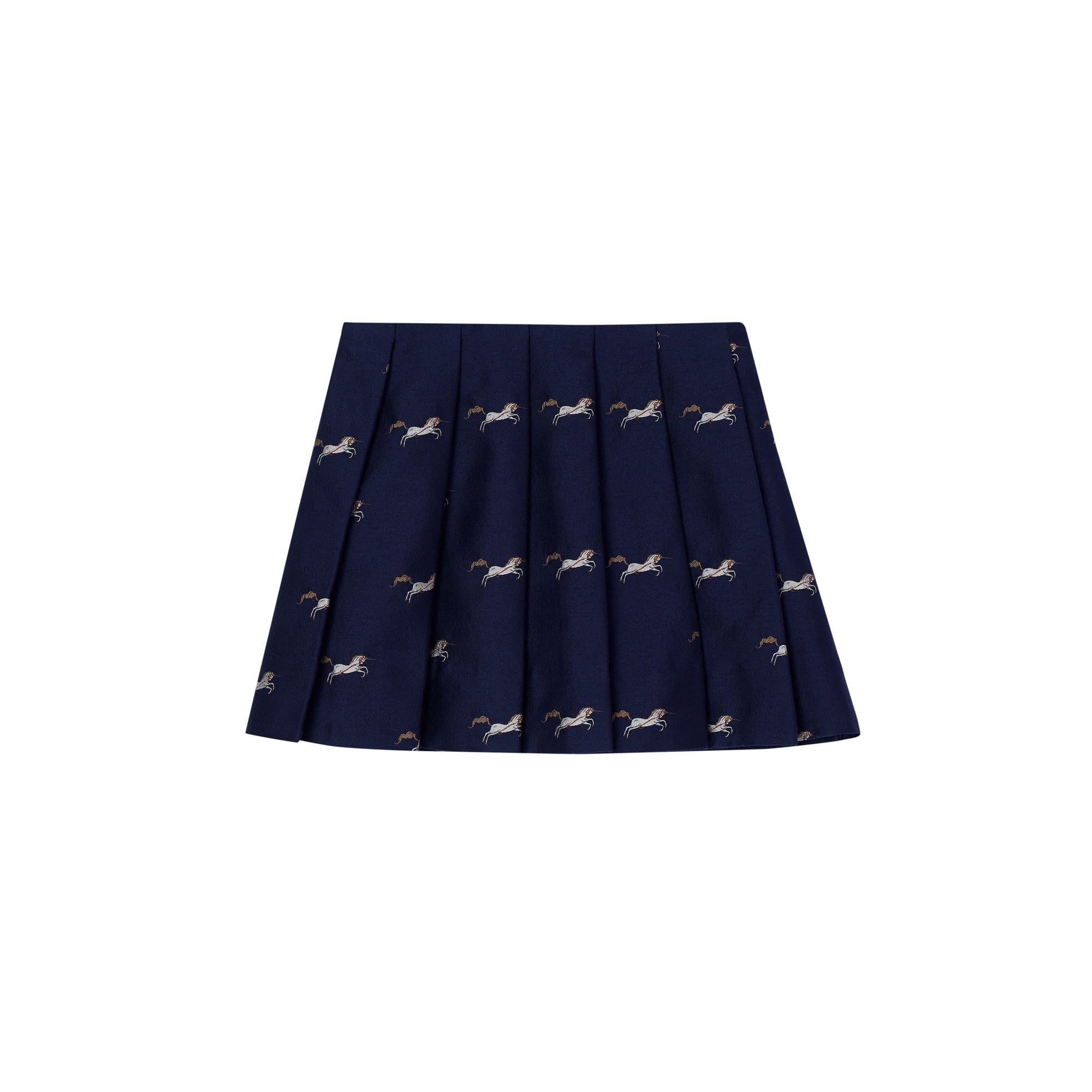 Jupe plissée en jacquard de laine et soie à motif licorne - Navy