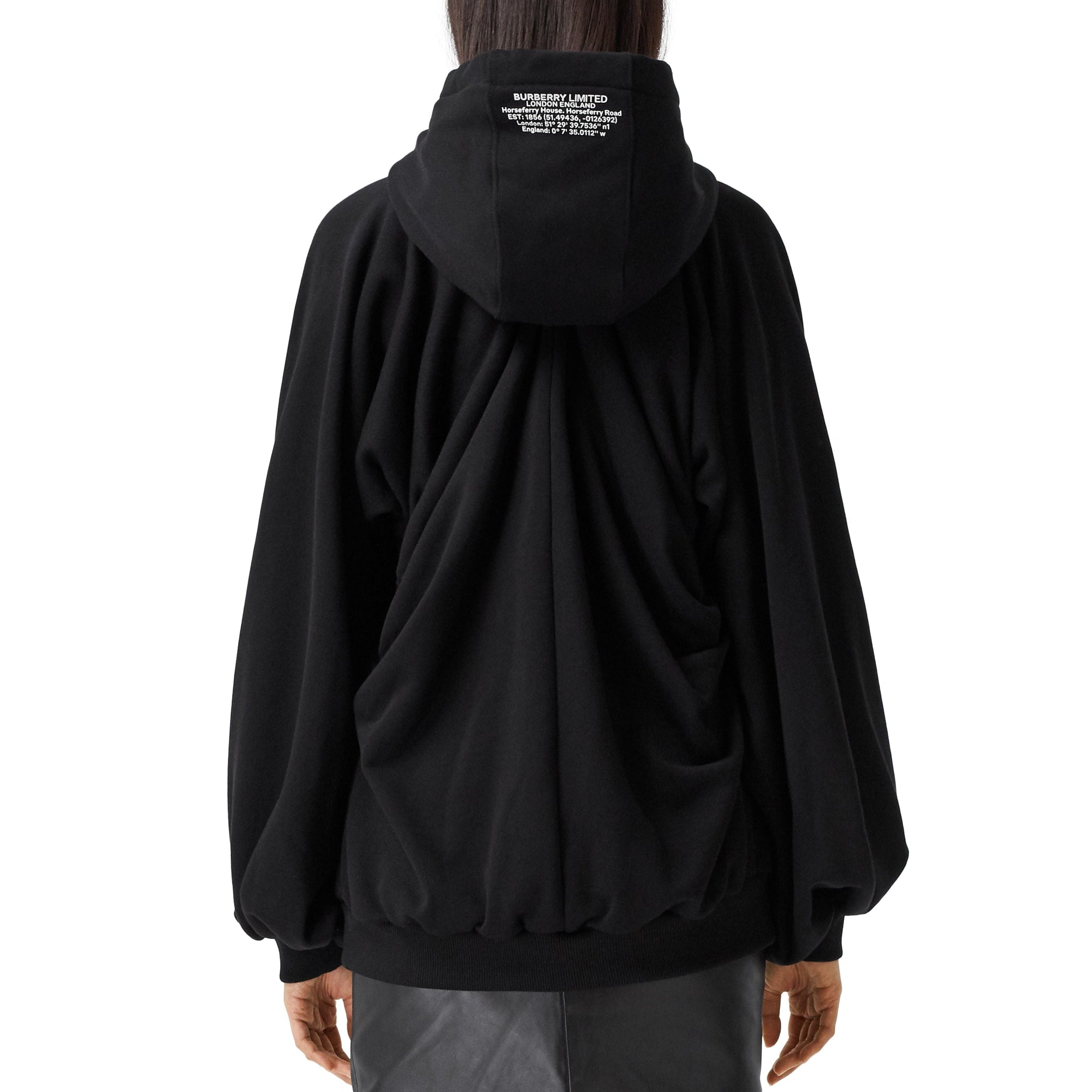 Hoodie oversize froncé en coton avec coordonnées géographiques - Black