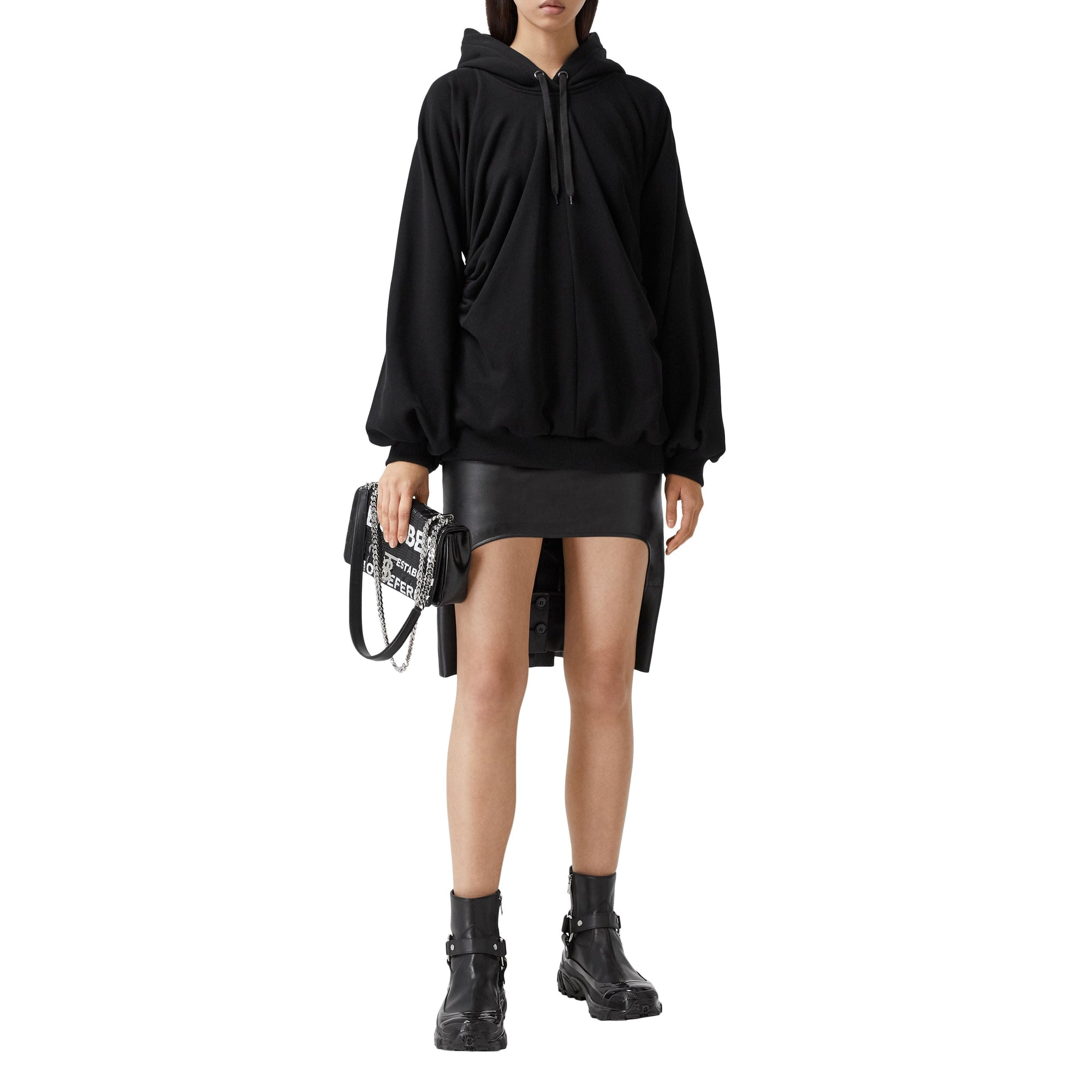 Hoodie oversize froncé en coton avec coordonnées géographiques - Black