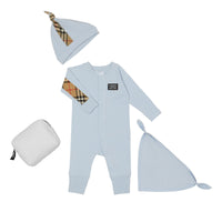 Coffret cadeau trois pièces pour bébé en coton avec check - Ice Blue
