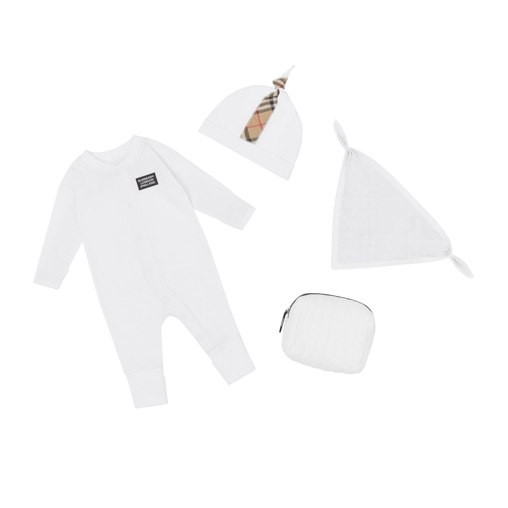 Coffret cadeau trois pièces pour bébé en coton avec check - White