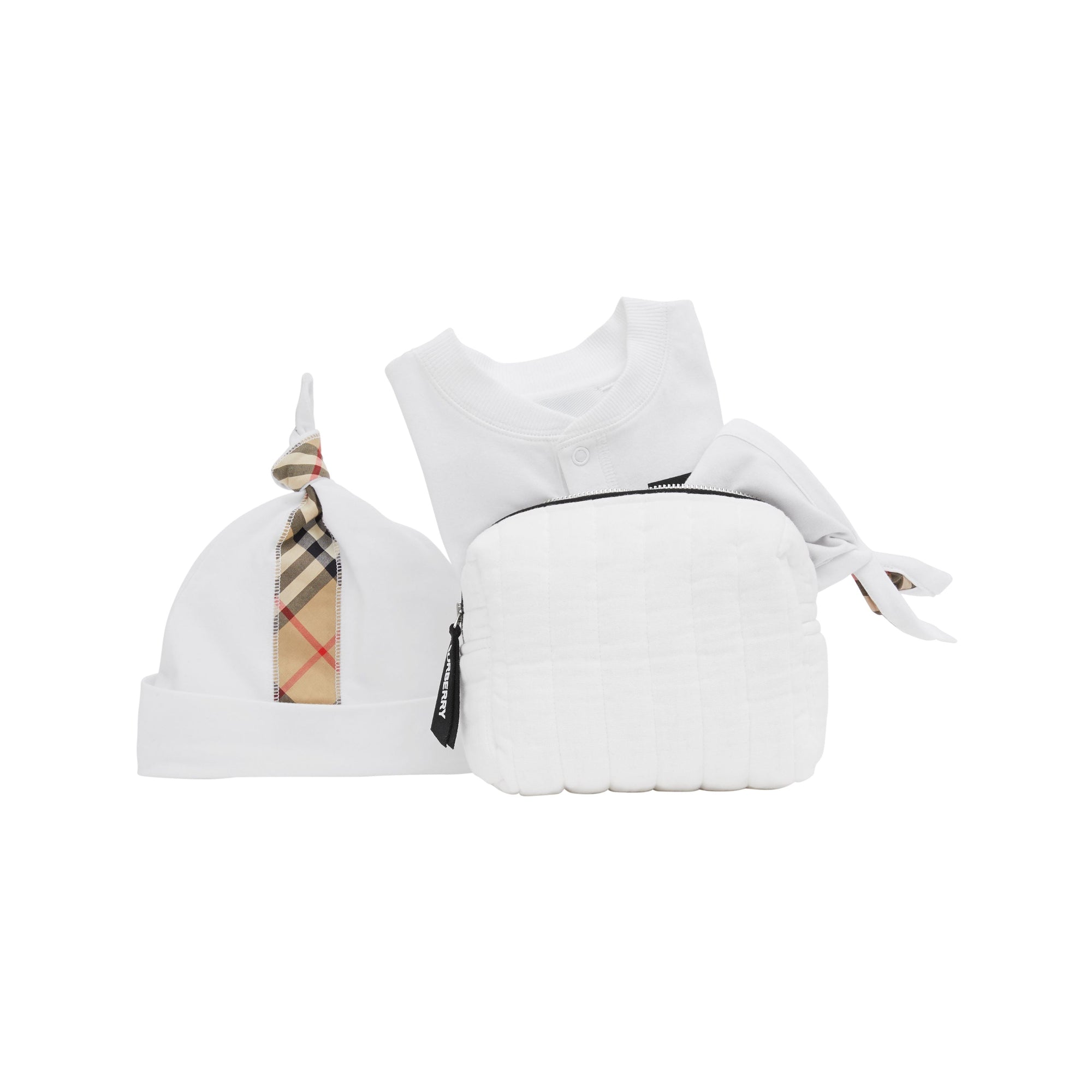 Coffret cadeau trois pièces pour bébé en coton avec check - White