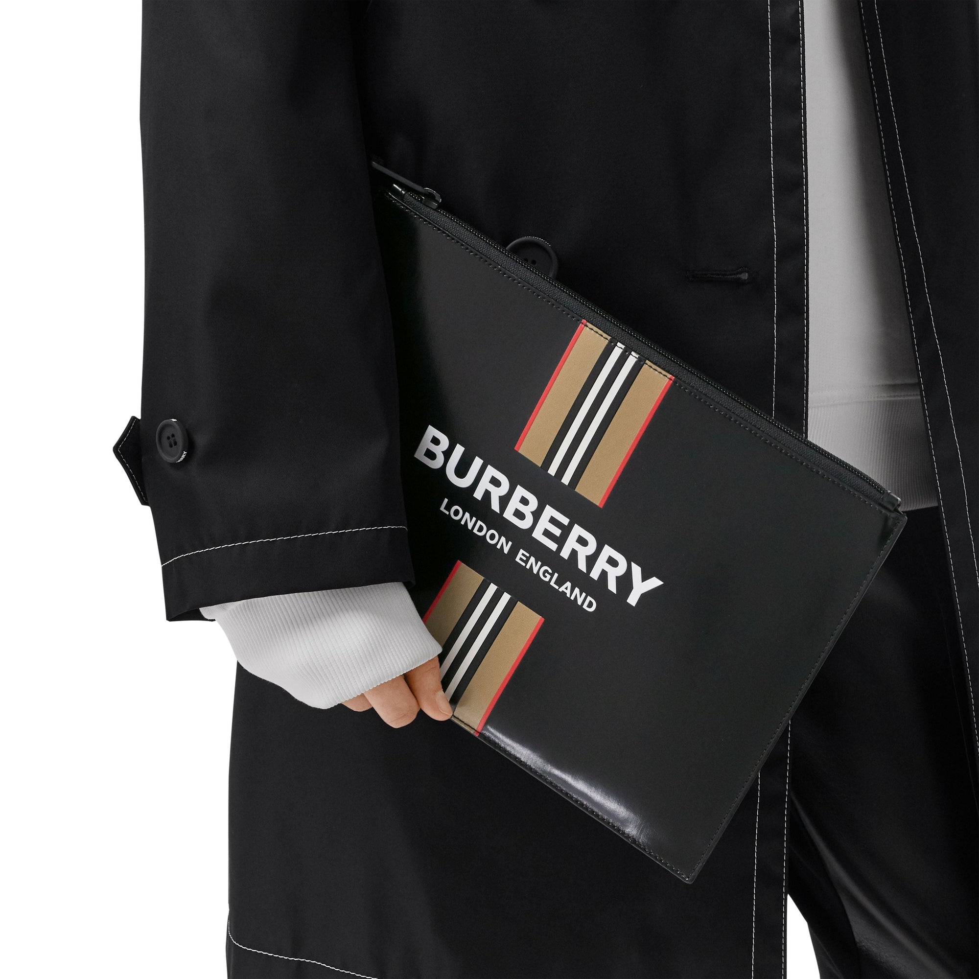 Pochette zippée en toile enduite avec logo et rayures iconiques - Black