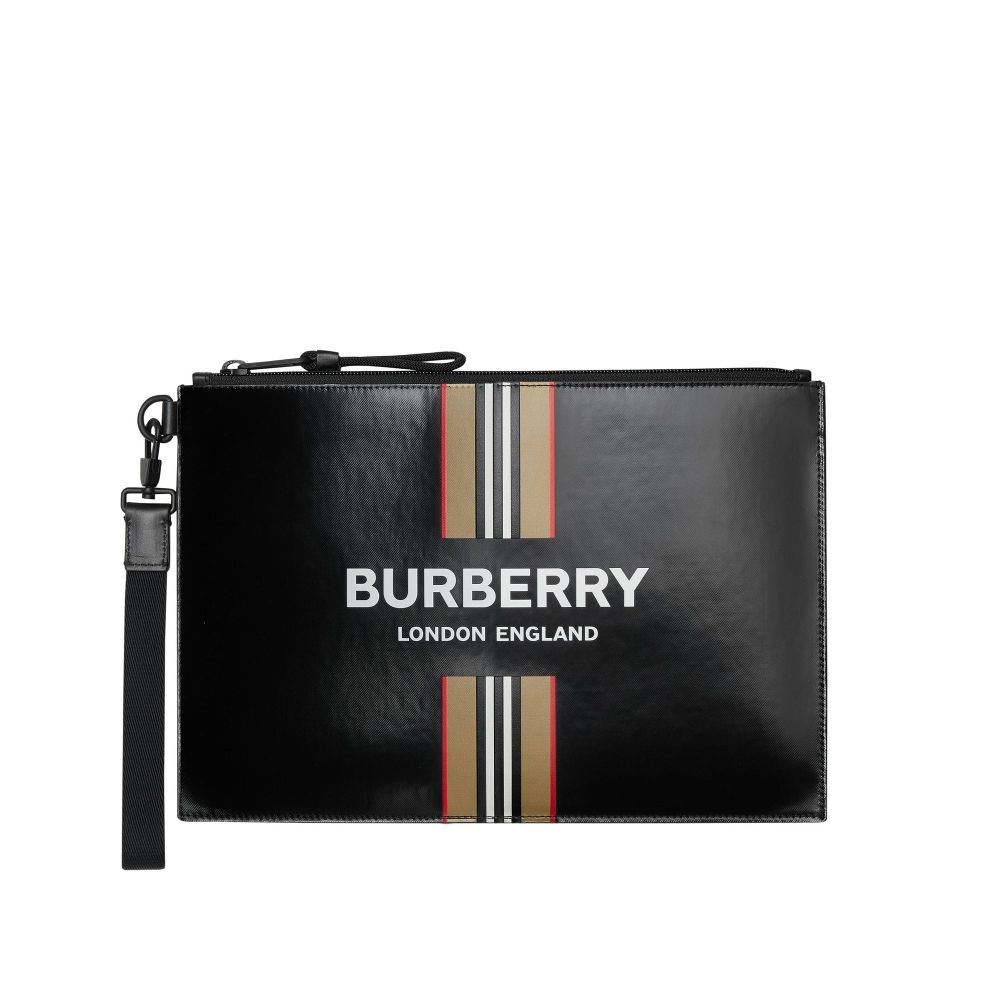Pochette zippée en toile enduite avec logo et rayures iconiques - Black