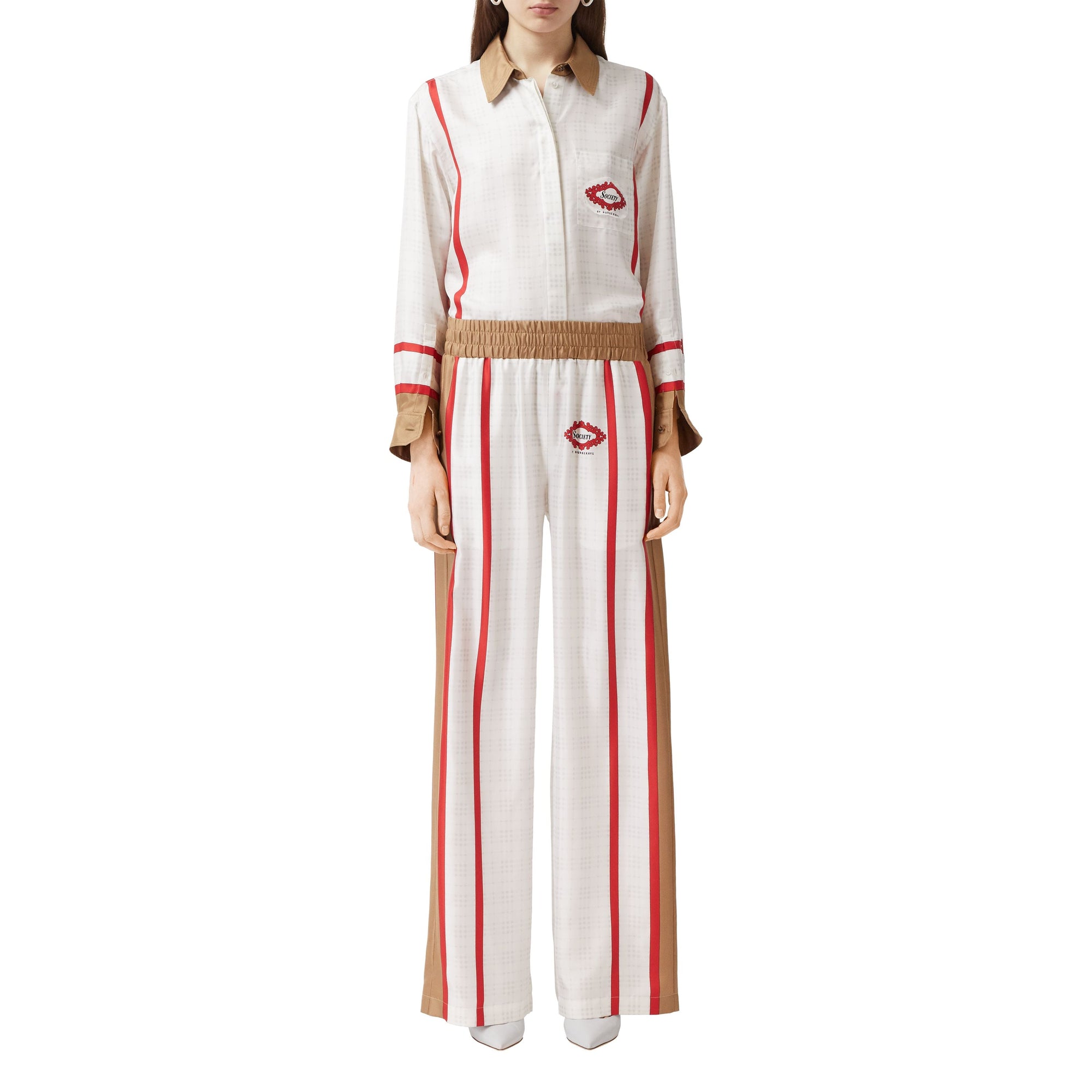 Chemise en soie à imprimé écharpe d'archive Society - Blanc Beige & Rouge