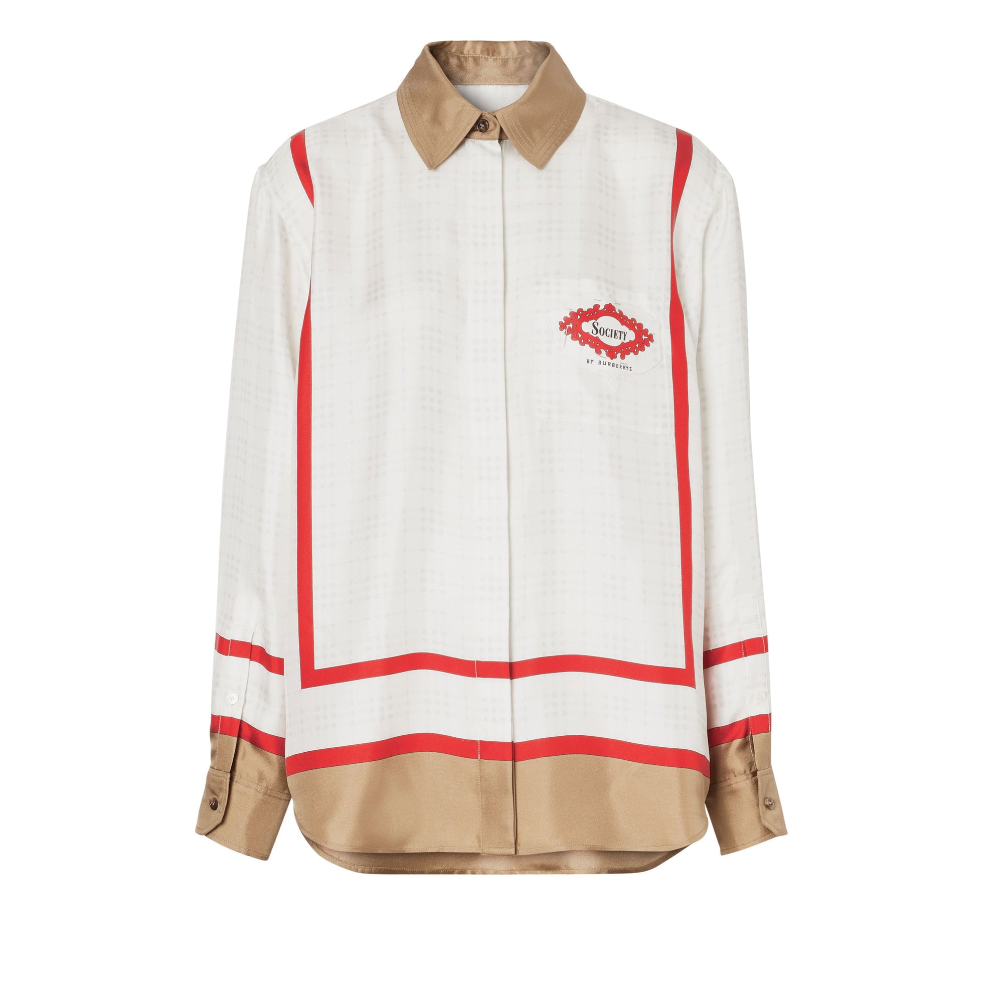 Chemise en soie à imprimé écharpe d'archive Society - Blanc Beige & Rouge
