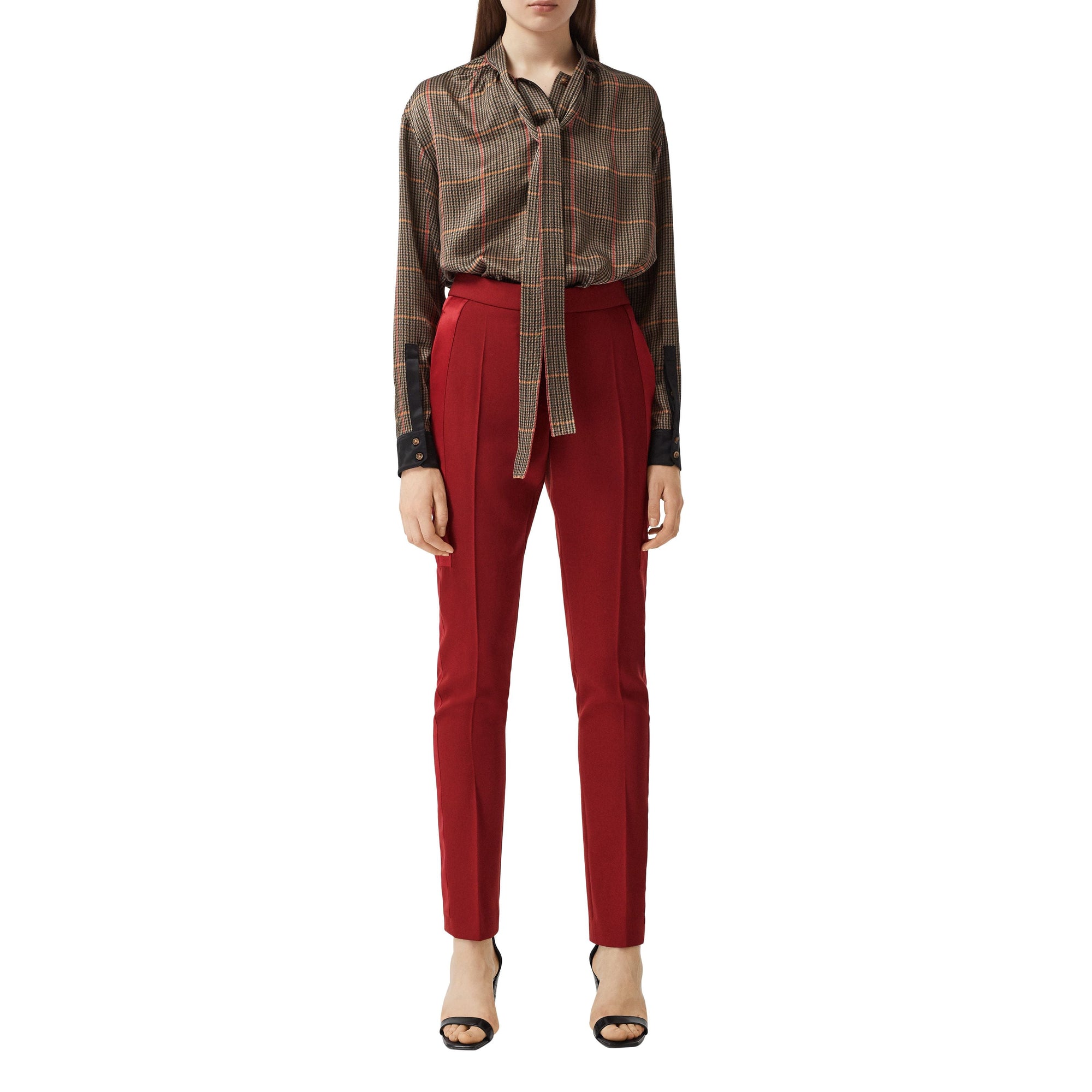 Pantalon tailleur en laine avec bandes en satin de soie - Dark Carmine