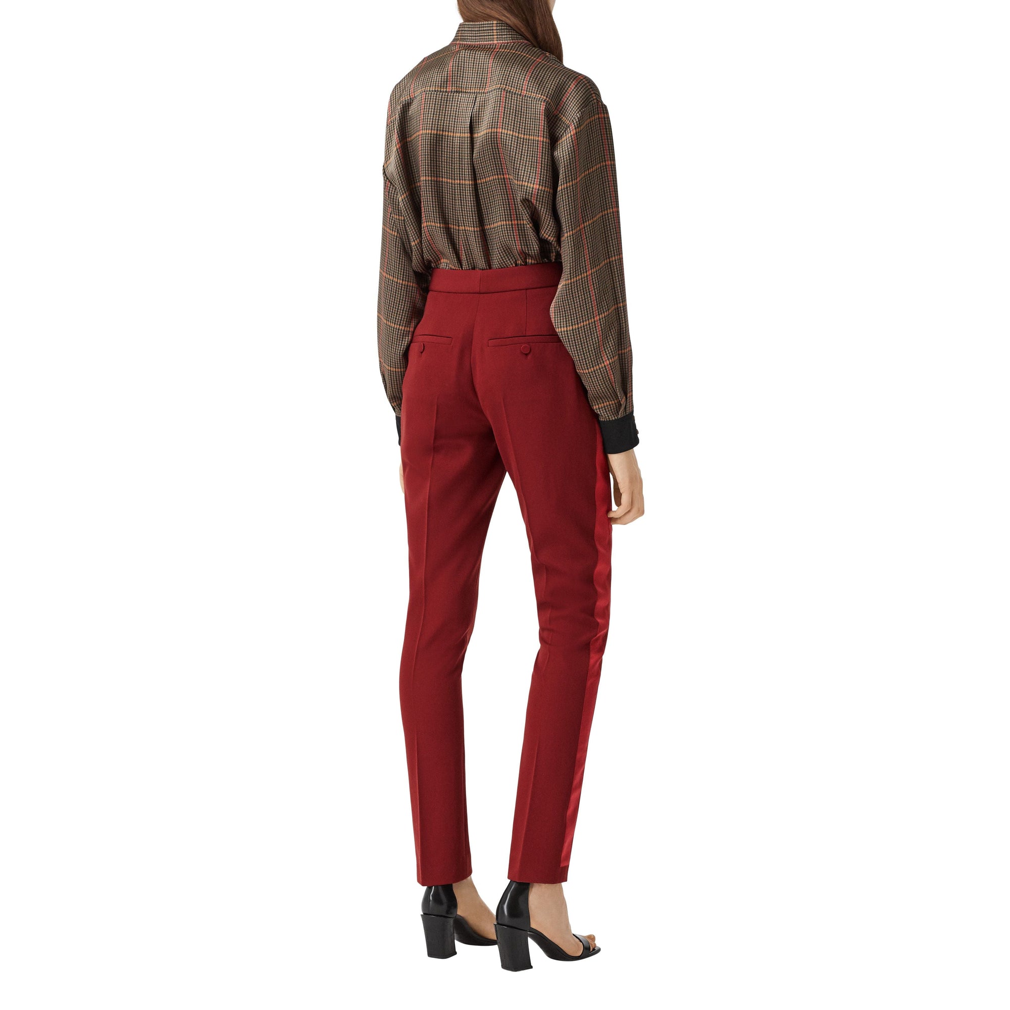 Pantalon tailleur en laine avec bandes en satin de soie - Dark Carmine