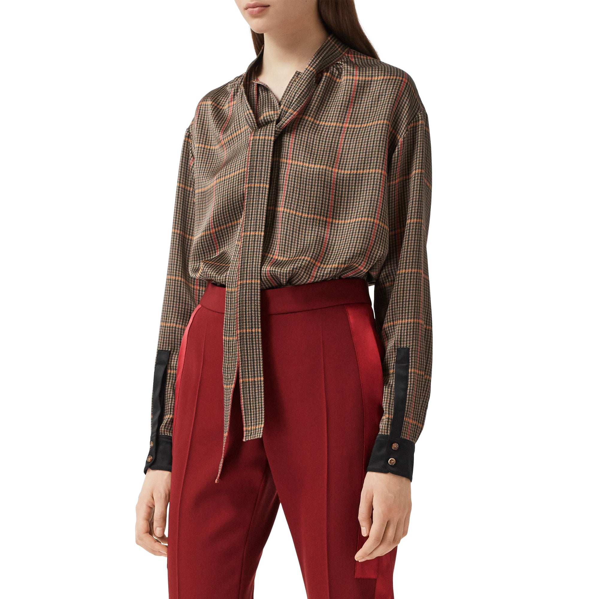 Pantalon tailleur en laine avec bandes en satin de soie - Dark Carmine