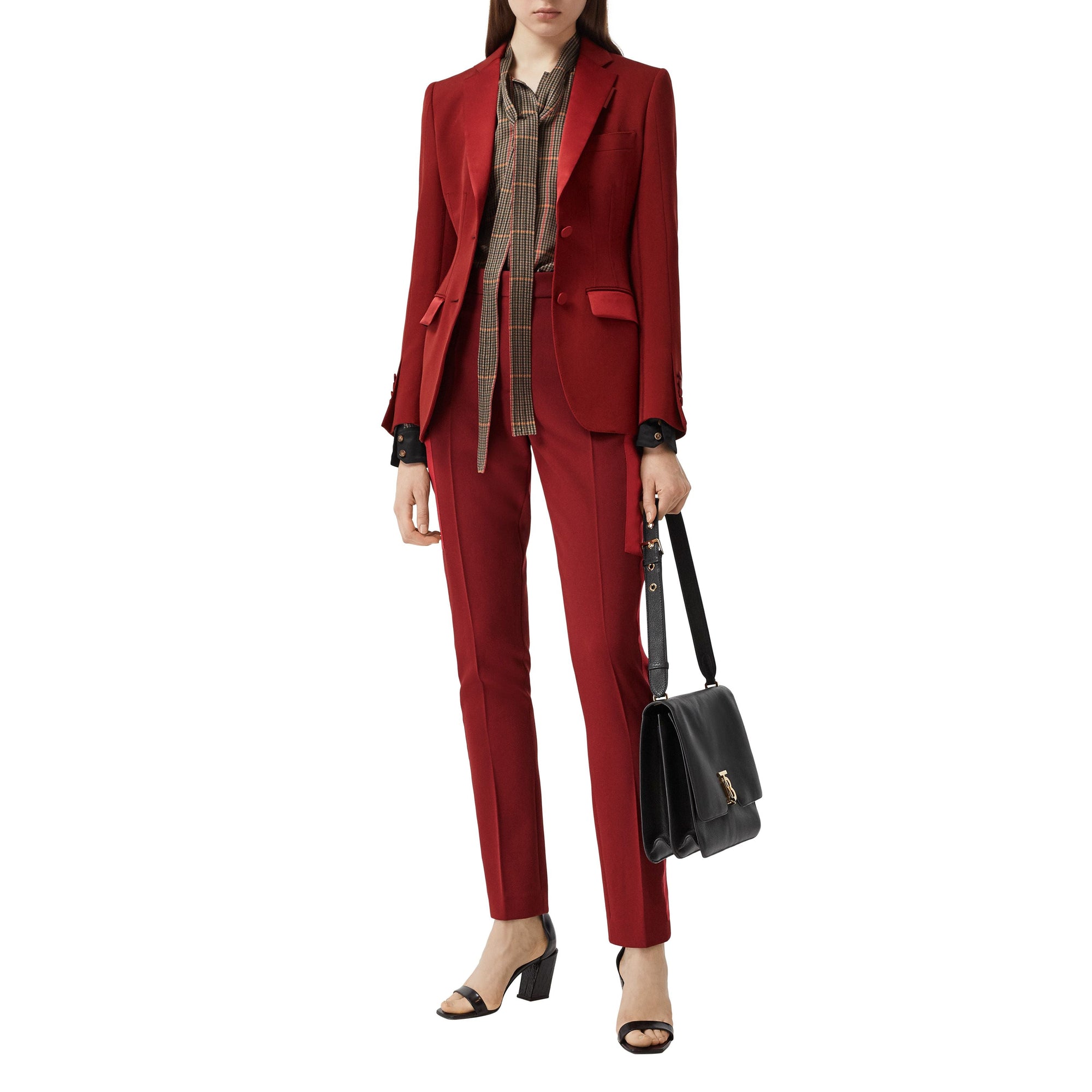Pantalon tailleur en laine avec bandes en satin de soie - Dark Carmine