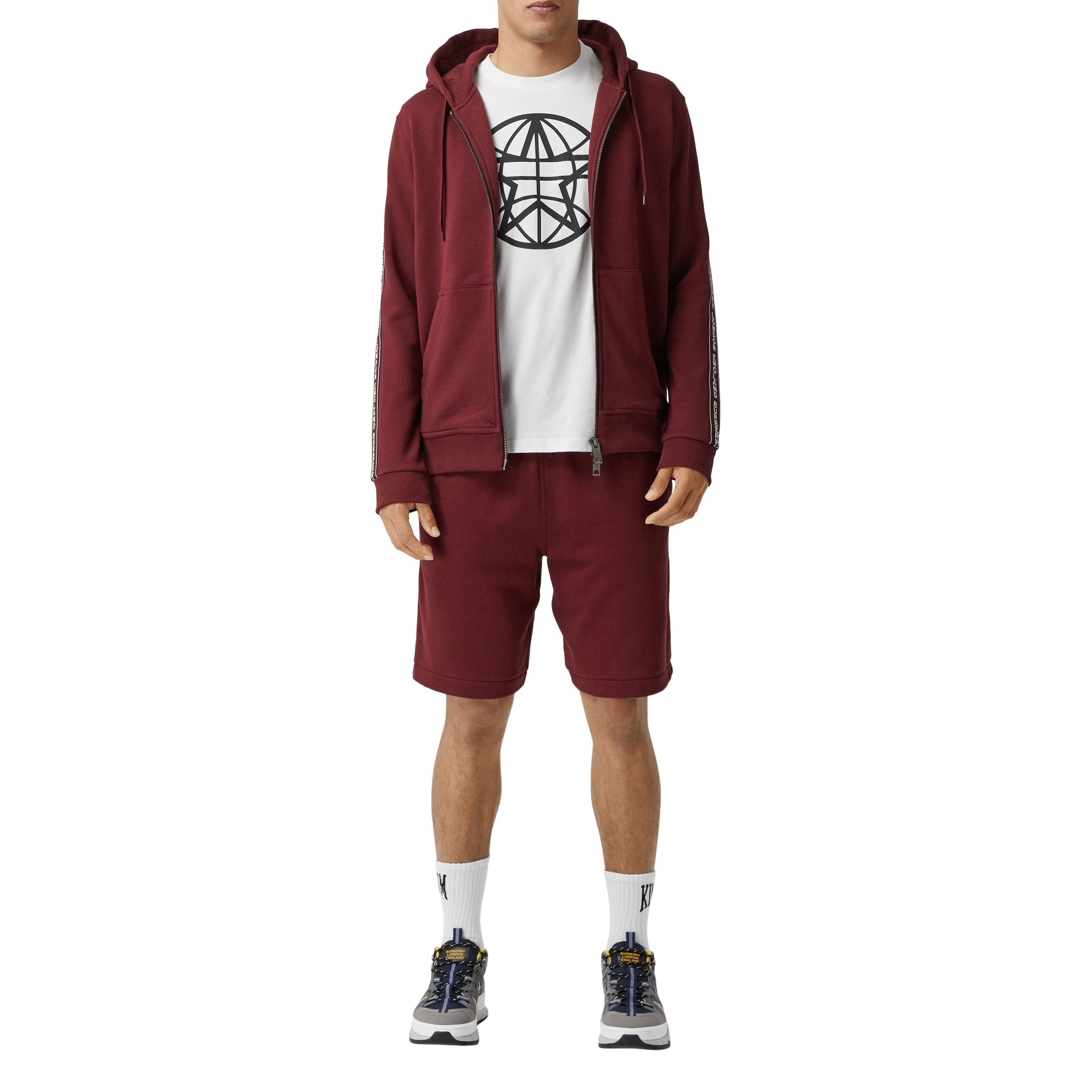 Veste à capuche en coton avec bandes à logo - Deep Merlot