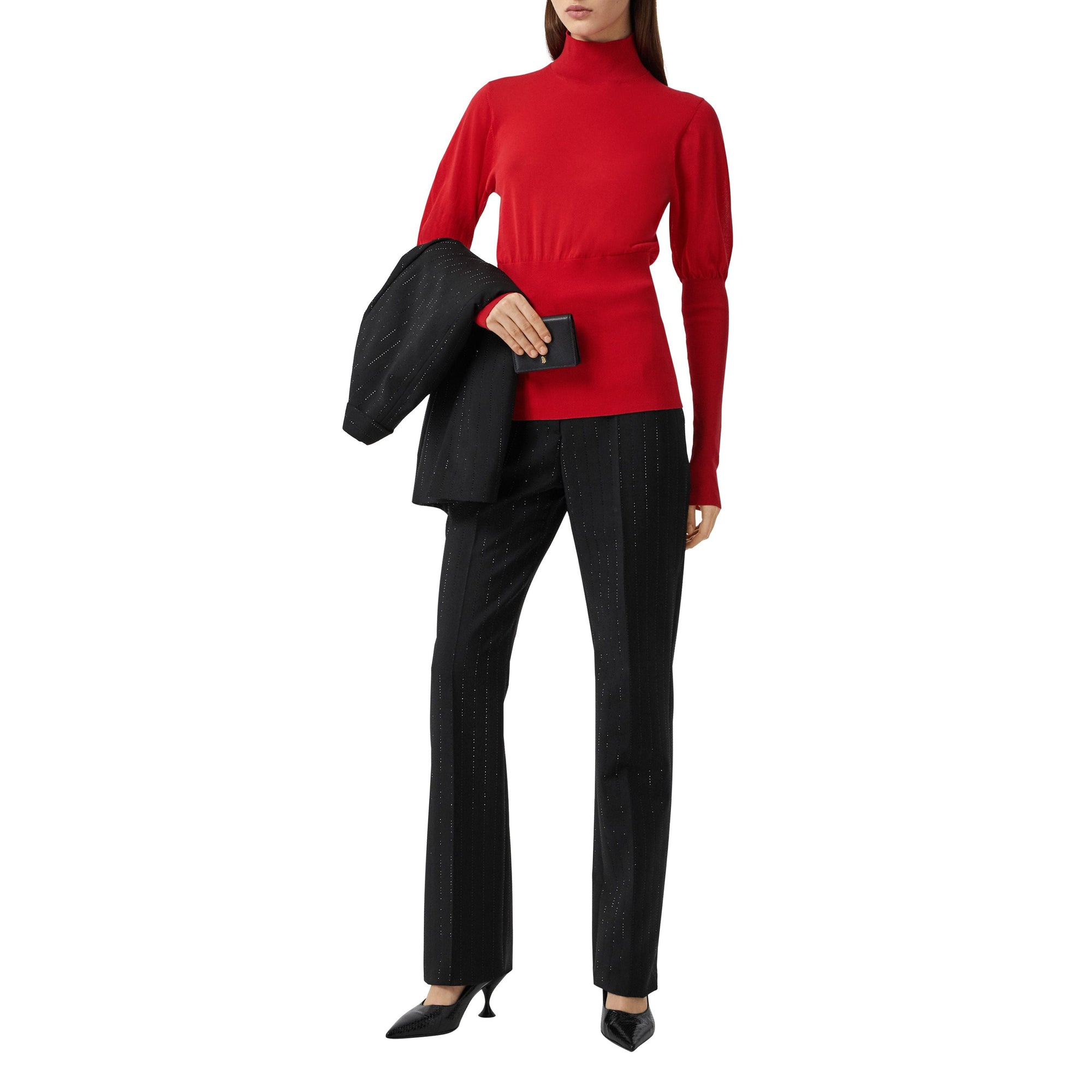 Pull à col roulé en maille de coton mélangé à manches bouffantes - Bright Red