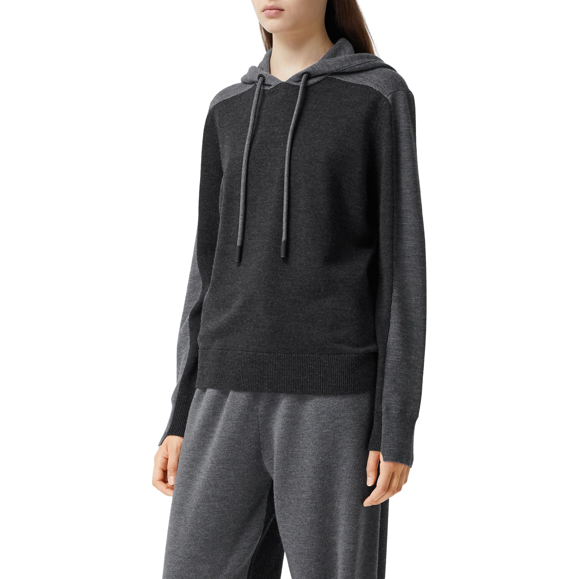 Hoodie en maille de laine mérinos mélangée bicolore - Charcoal Melange