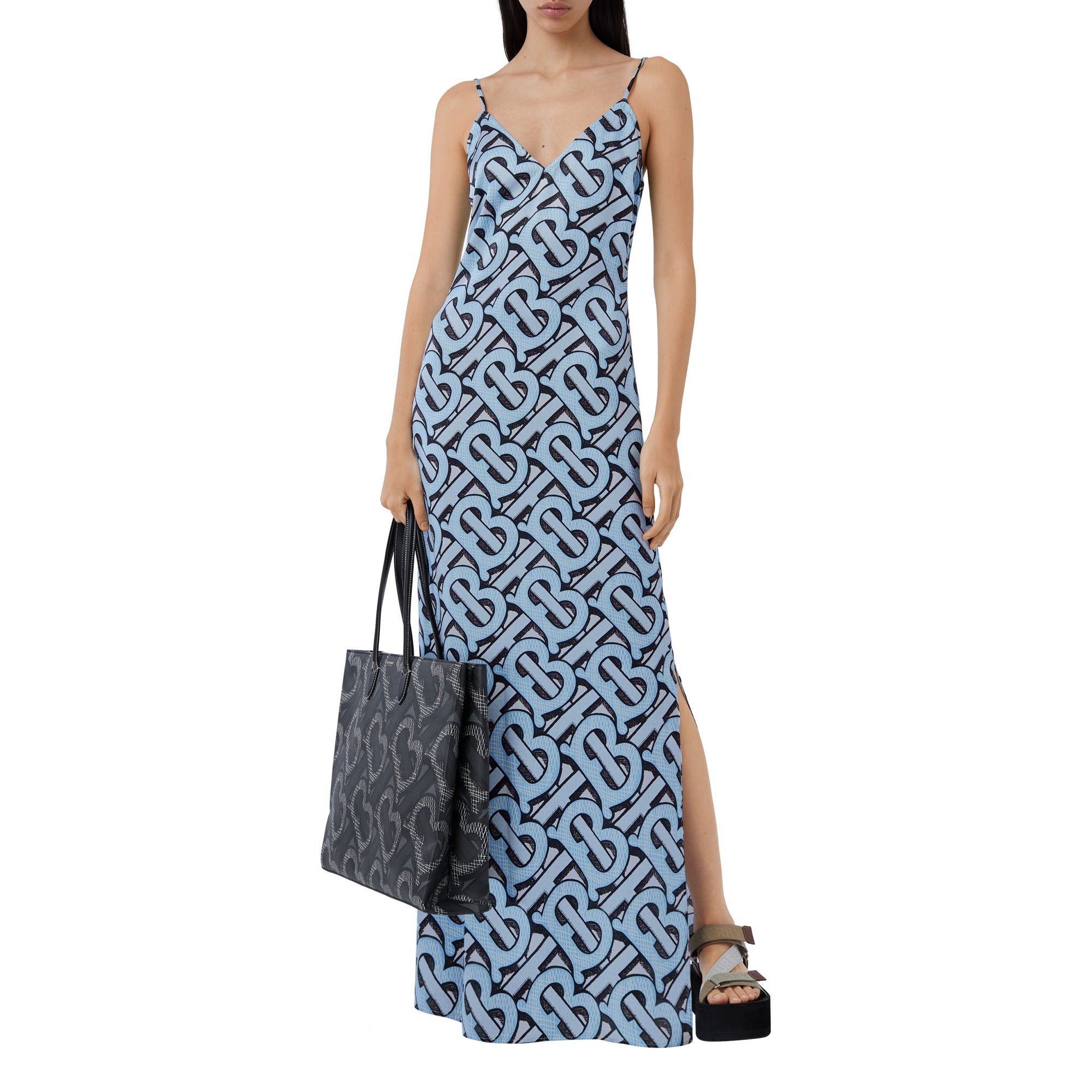 Robe combinaison en satin de soie Monogram - Pale Azure