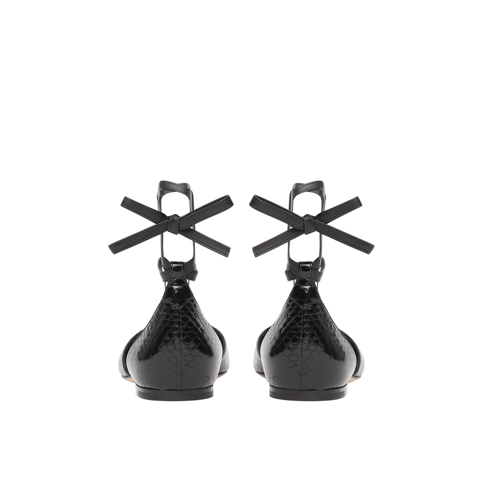 Ballerines à bout pointu en peau de serpent et cuir - Black