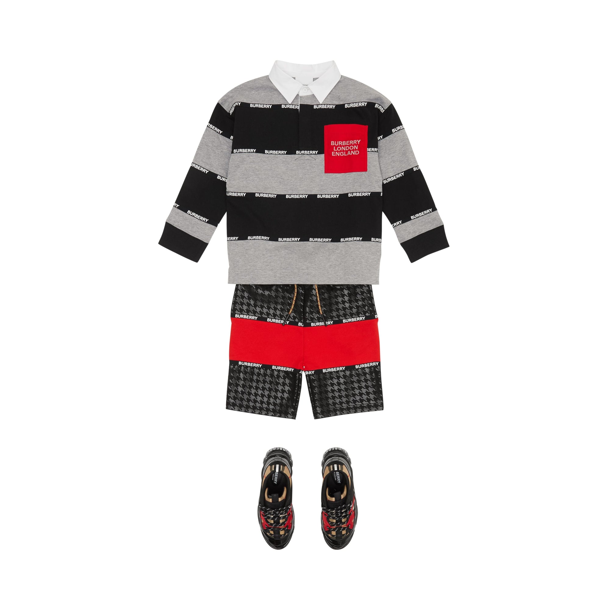 Polo à manches longues en coton rayé avec bandes à logo - Grey Melange