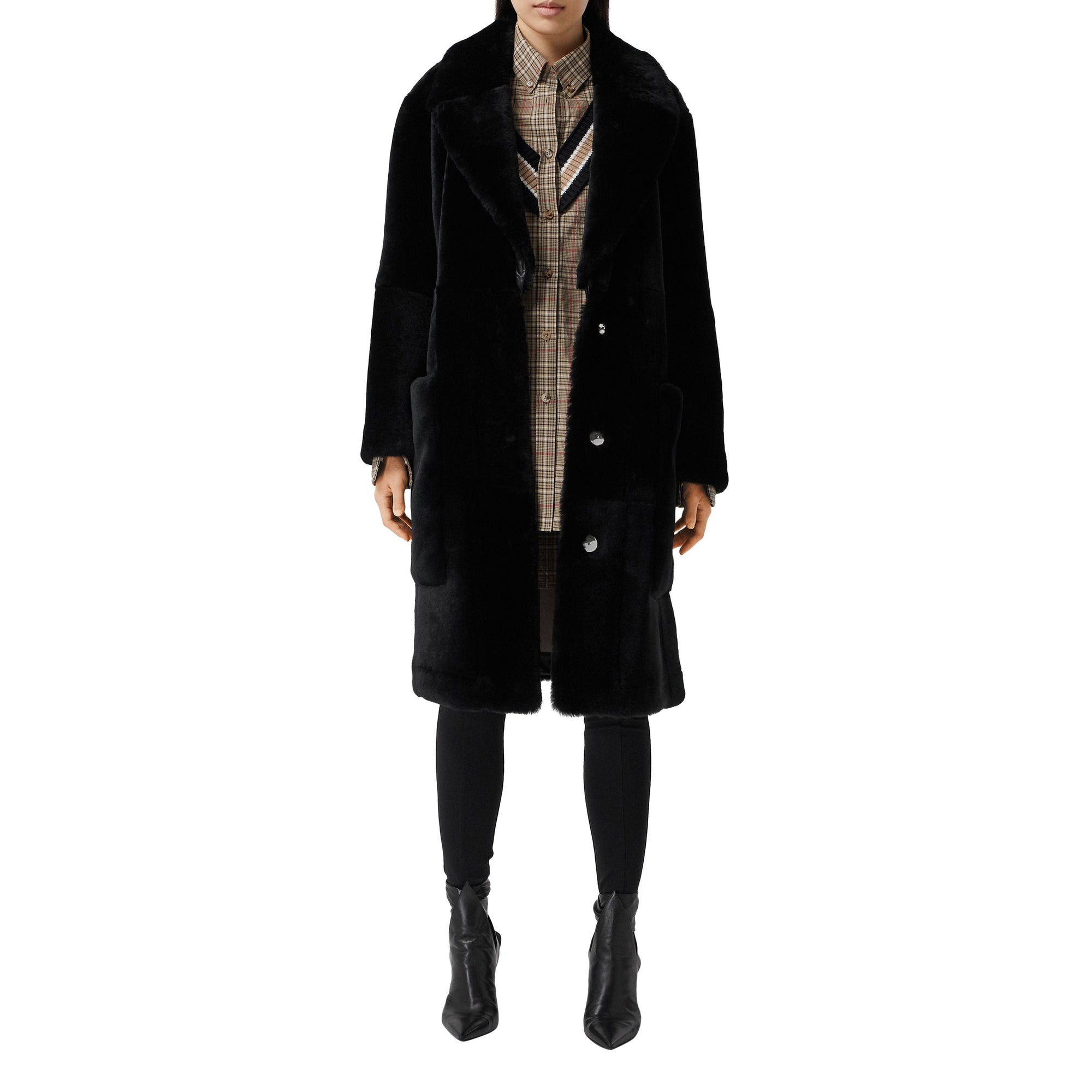 Manteau ajusté en shearling avec cuir d'agneau - Black