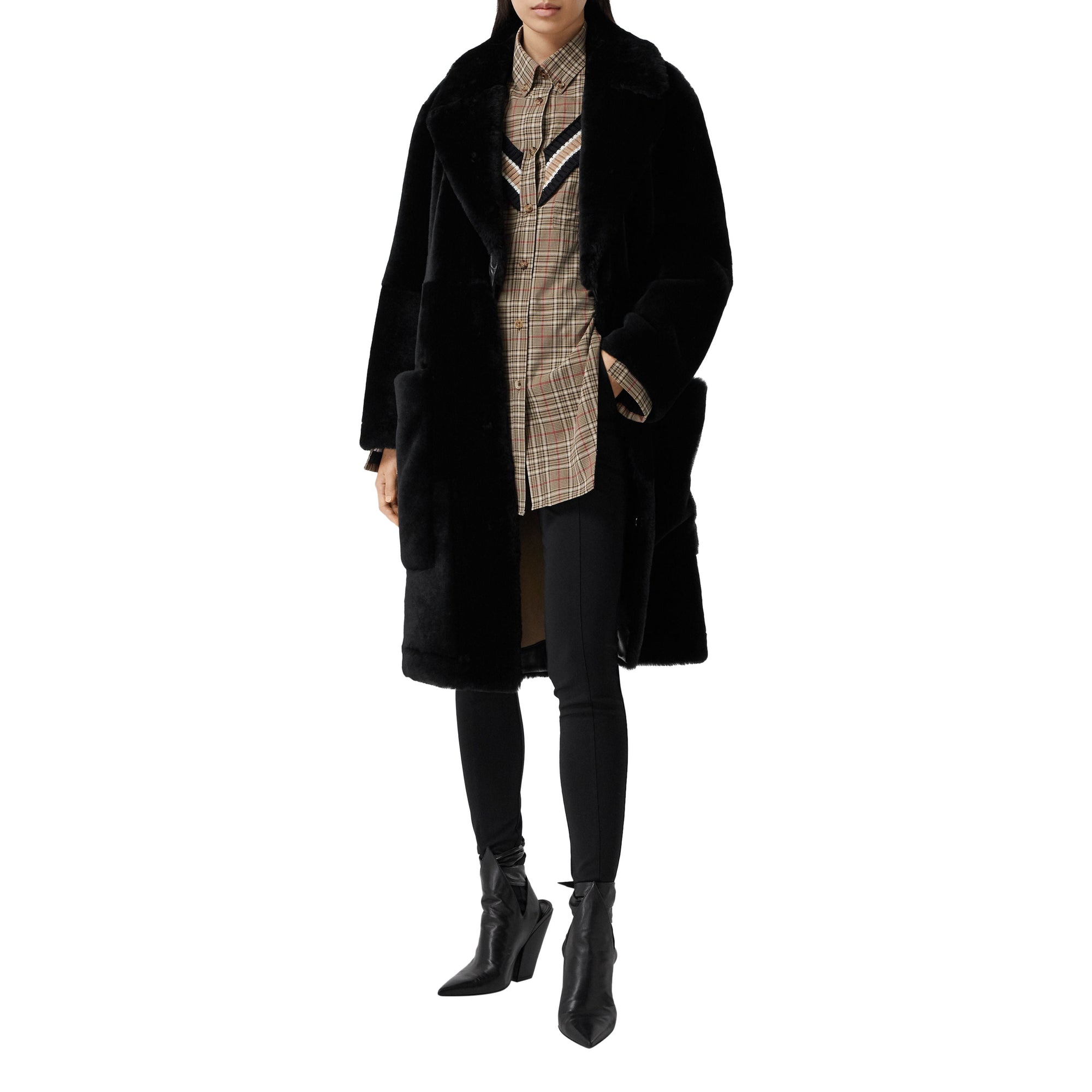 Manteau ajusté en shearling avec cuir d'agneau - Black