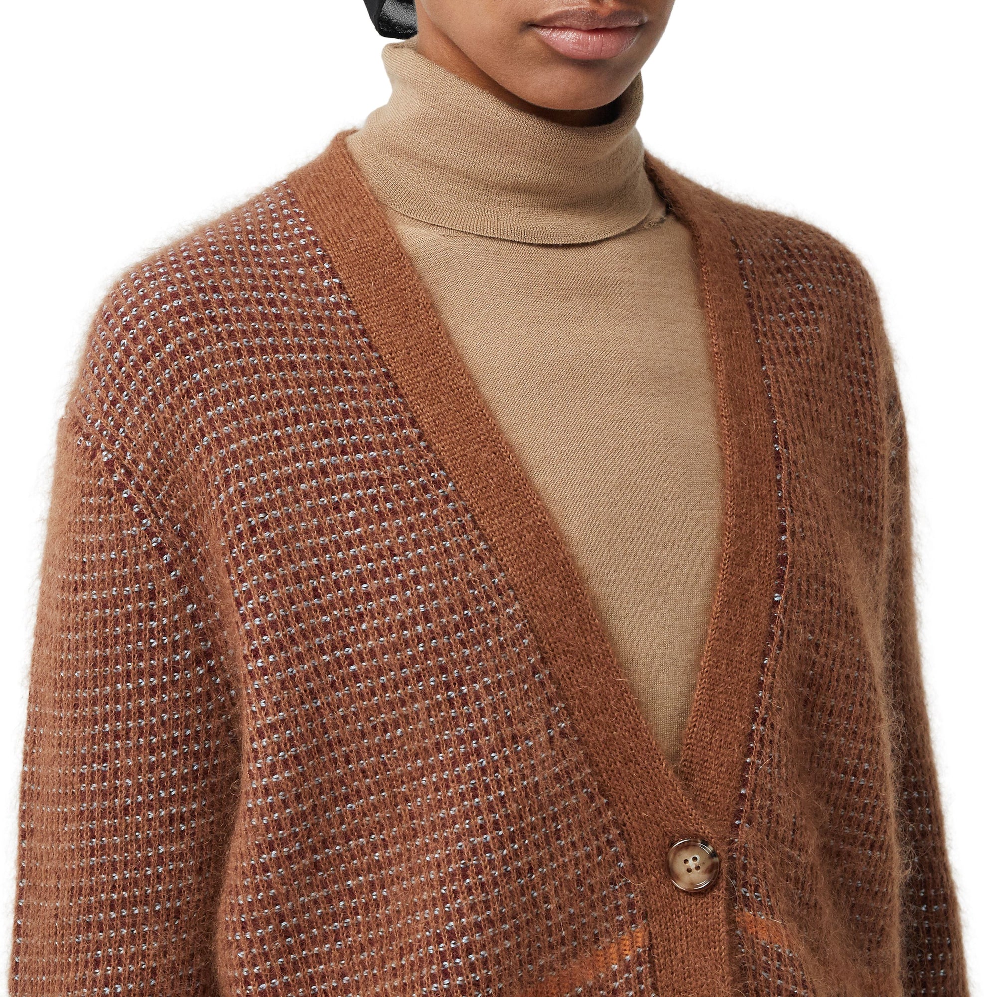 Cardigan en laine mohair et soie mélangés check - Chestnut