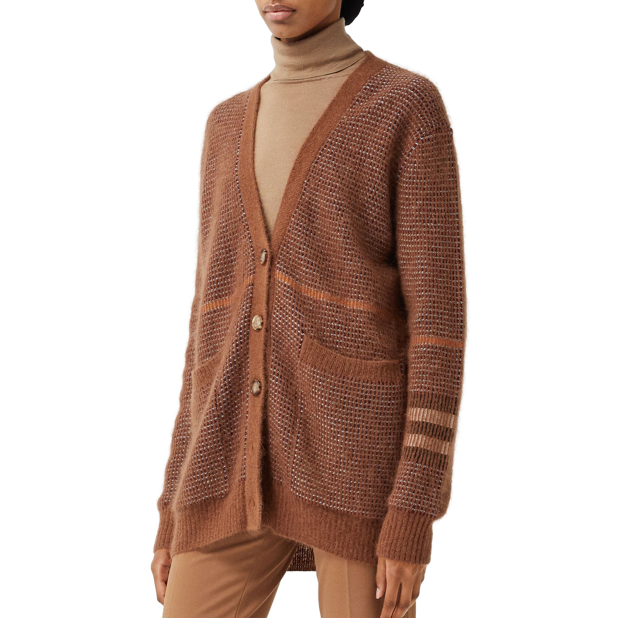 Cardigan en laine mohair et soie mélangés check - Chestnut