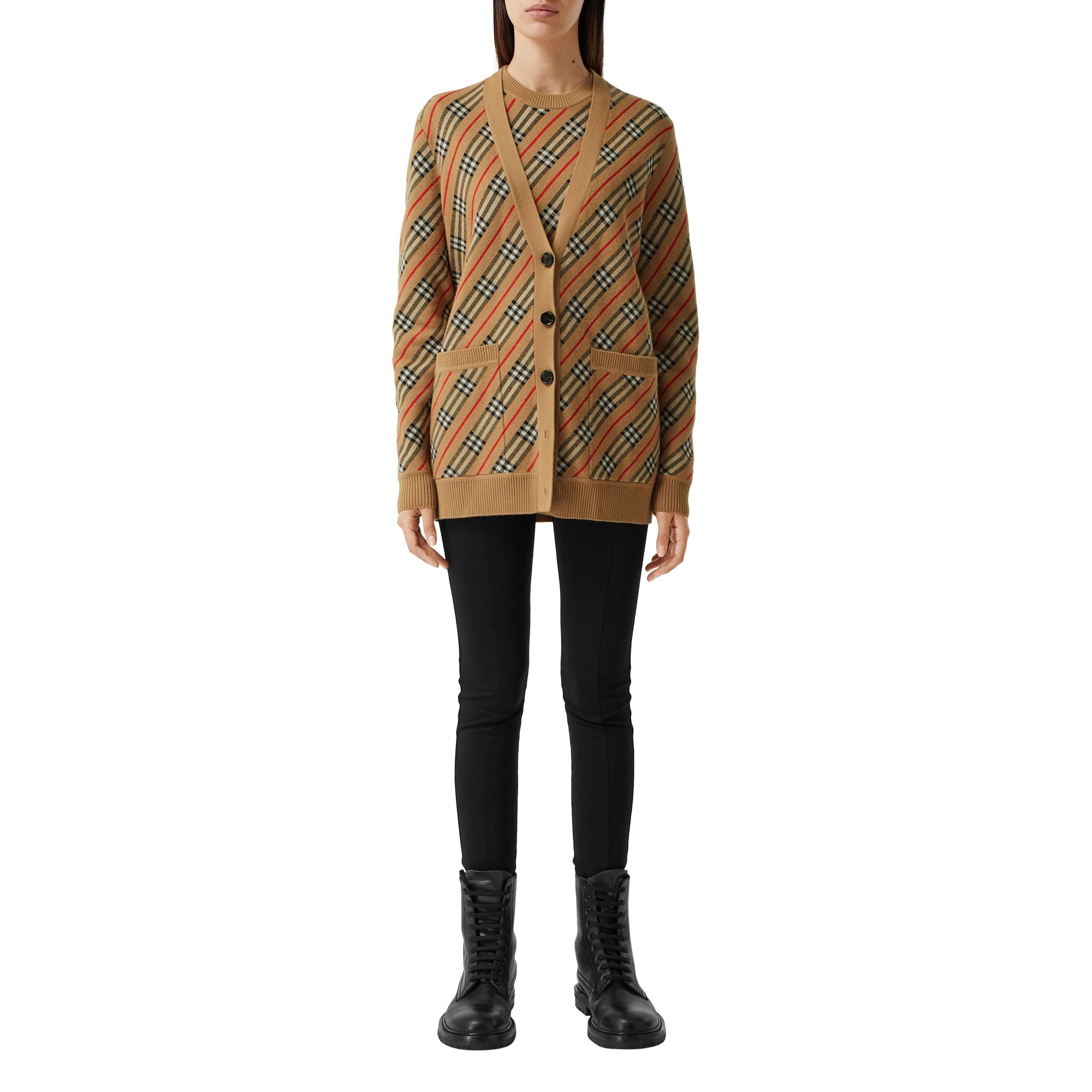 Cardigan rayé en laine mélangée - Camel