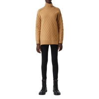 Pull à col entonnoir en maille de laine à motif diamant - Camel