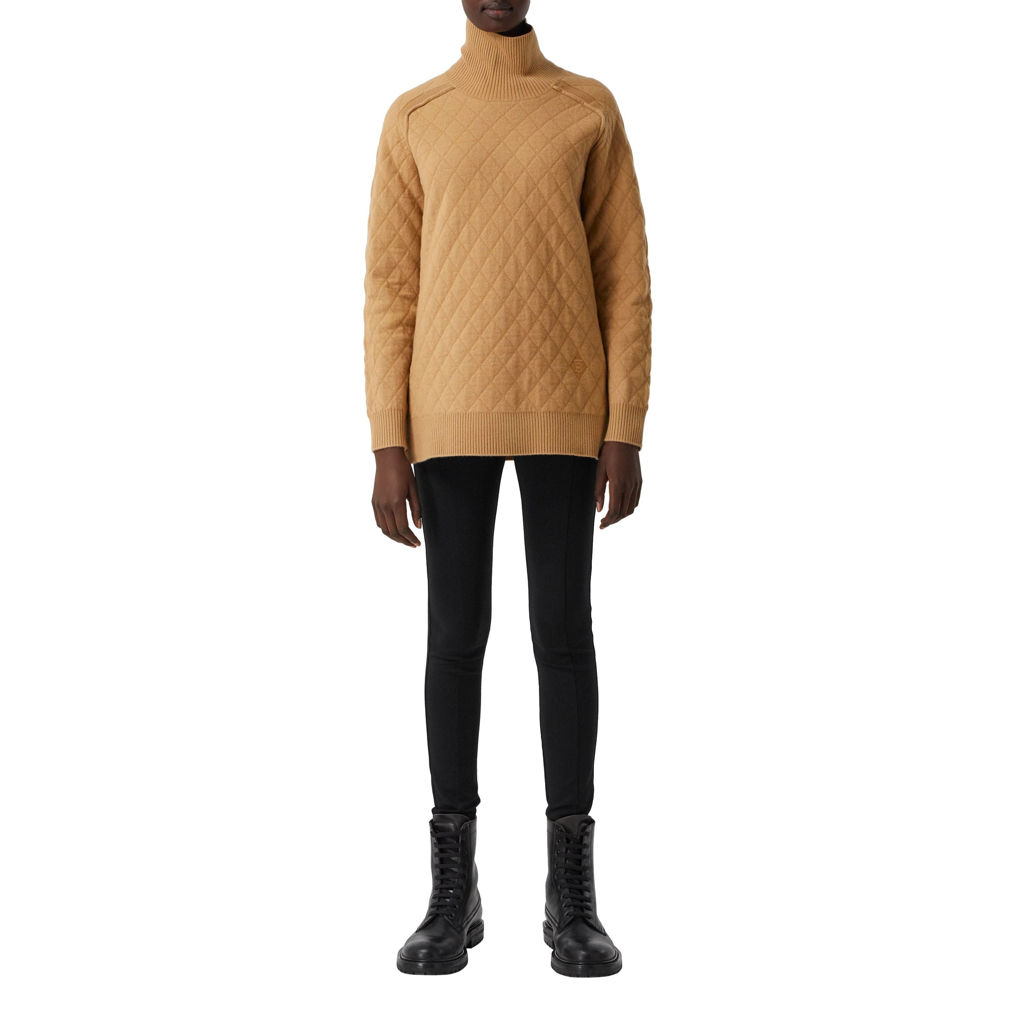Pull à col entonnoir en maille de laine à motif diamant - Camel