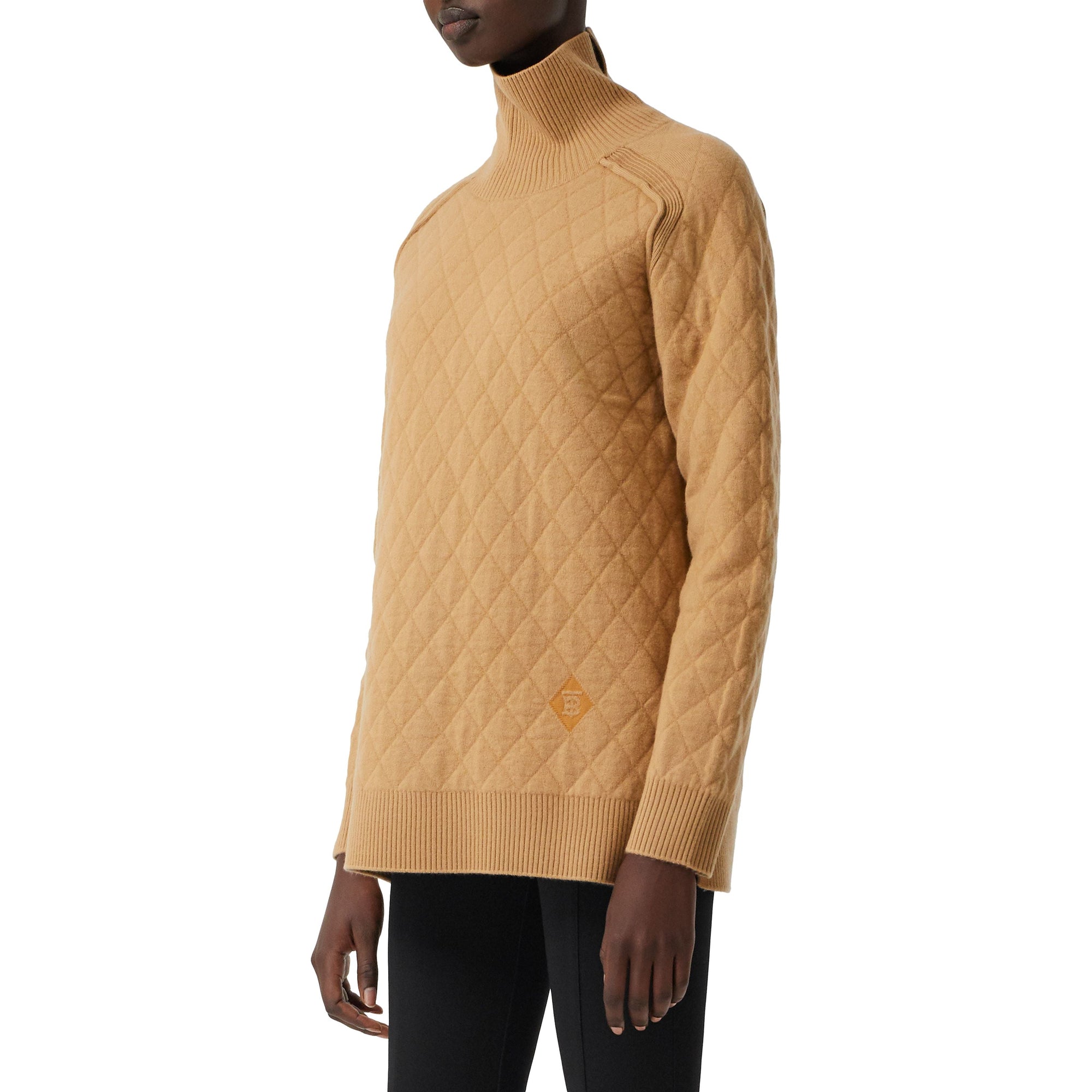 Pull à col entonnoir en maille de laine à motif diamant - Camel