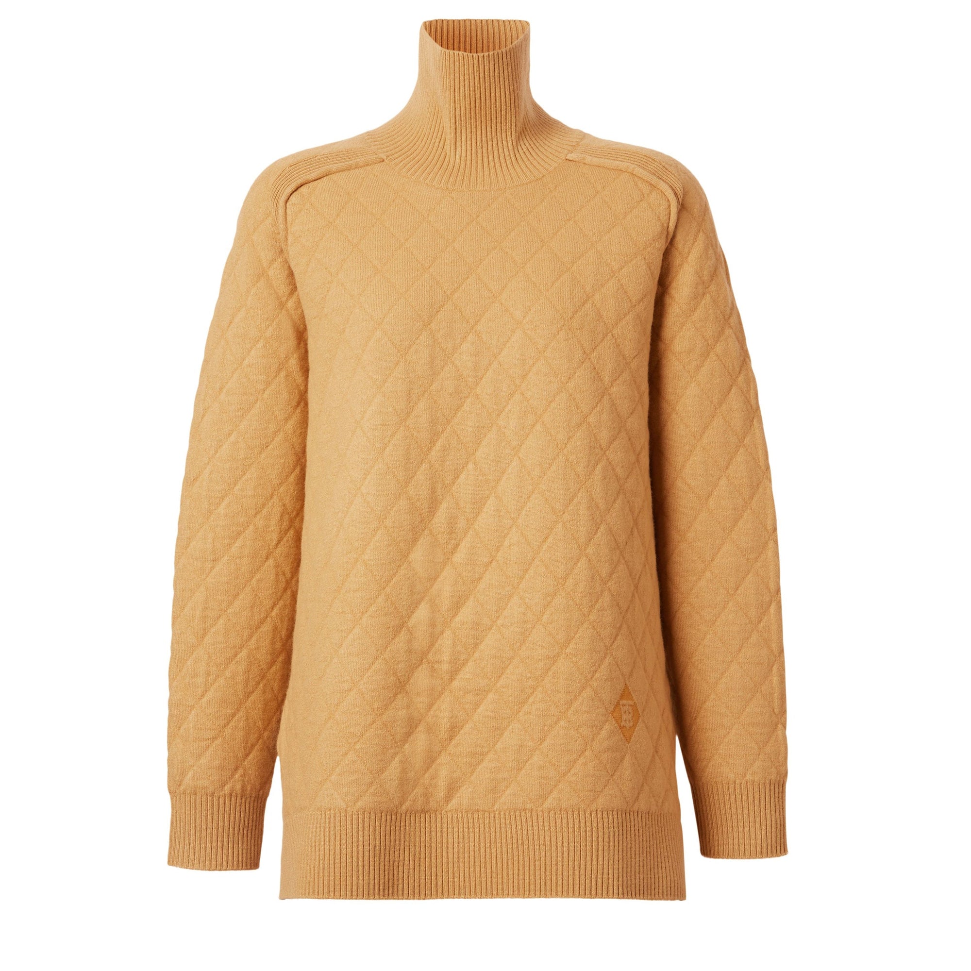 Pull à col entonnoir en maille de laine à motif diamant - Camel