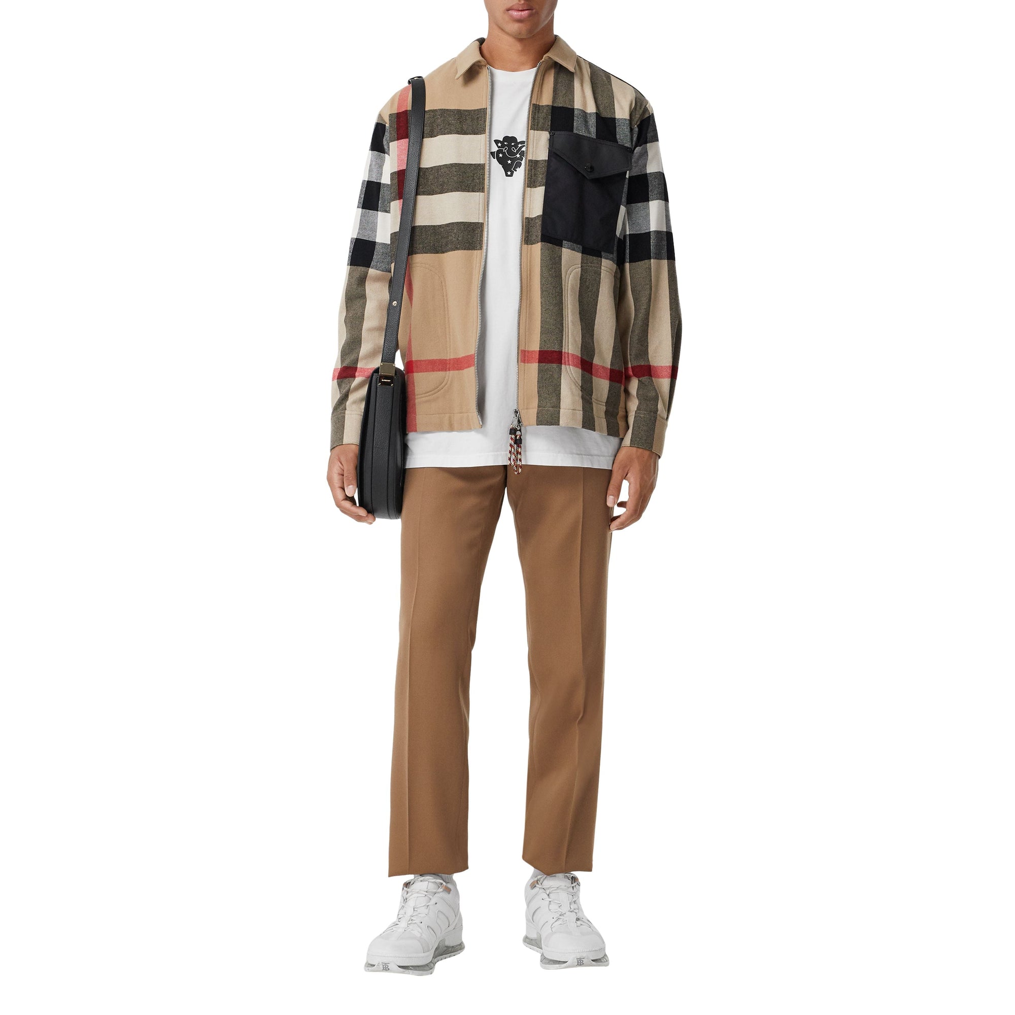 Chemise en laine et coton check avec panneau - Archive Beige