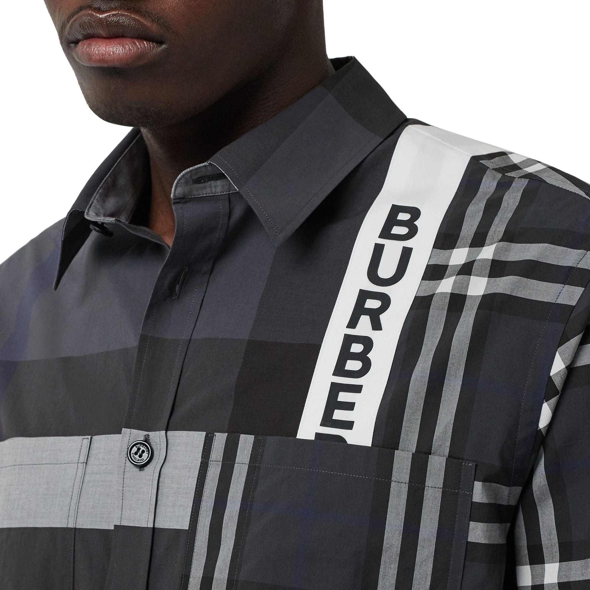 Chemise oversize en coton check façon patchwork avec logo - Dark Pewter