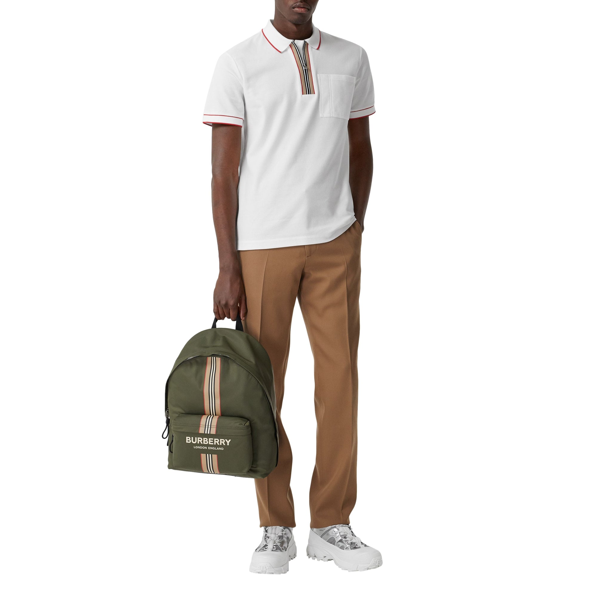 Polo zippé en coton avec rayures iconiques - White